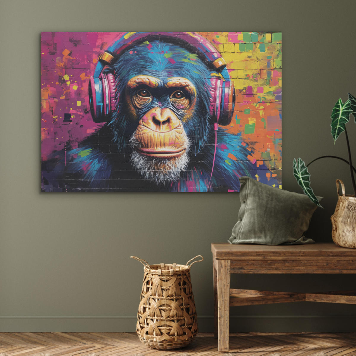 AKUSTIKBILD Graffiti - Schimpanse - Straßenkunst - Kopfhörer - Affe Akustikpaneele 90x60 cm - Blau, Kunststoff (90/60/0.9cm) - MuchoWow
