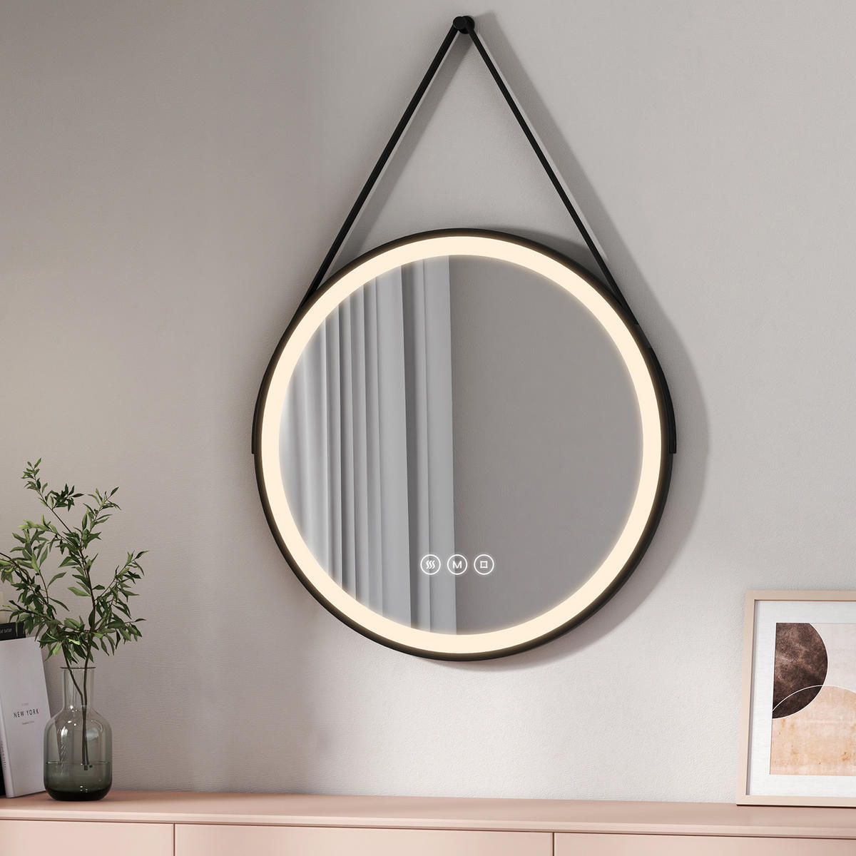 BADSPIEGEL mit Touch-Schalter Beleuchtung mit Hängeriemen Schwarz ф70 cm - Schwarz, Glas (70/3.5/70cm) - EMKE