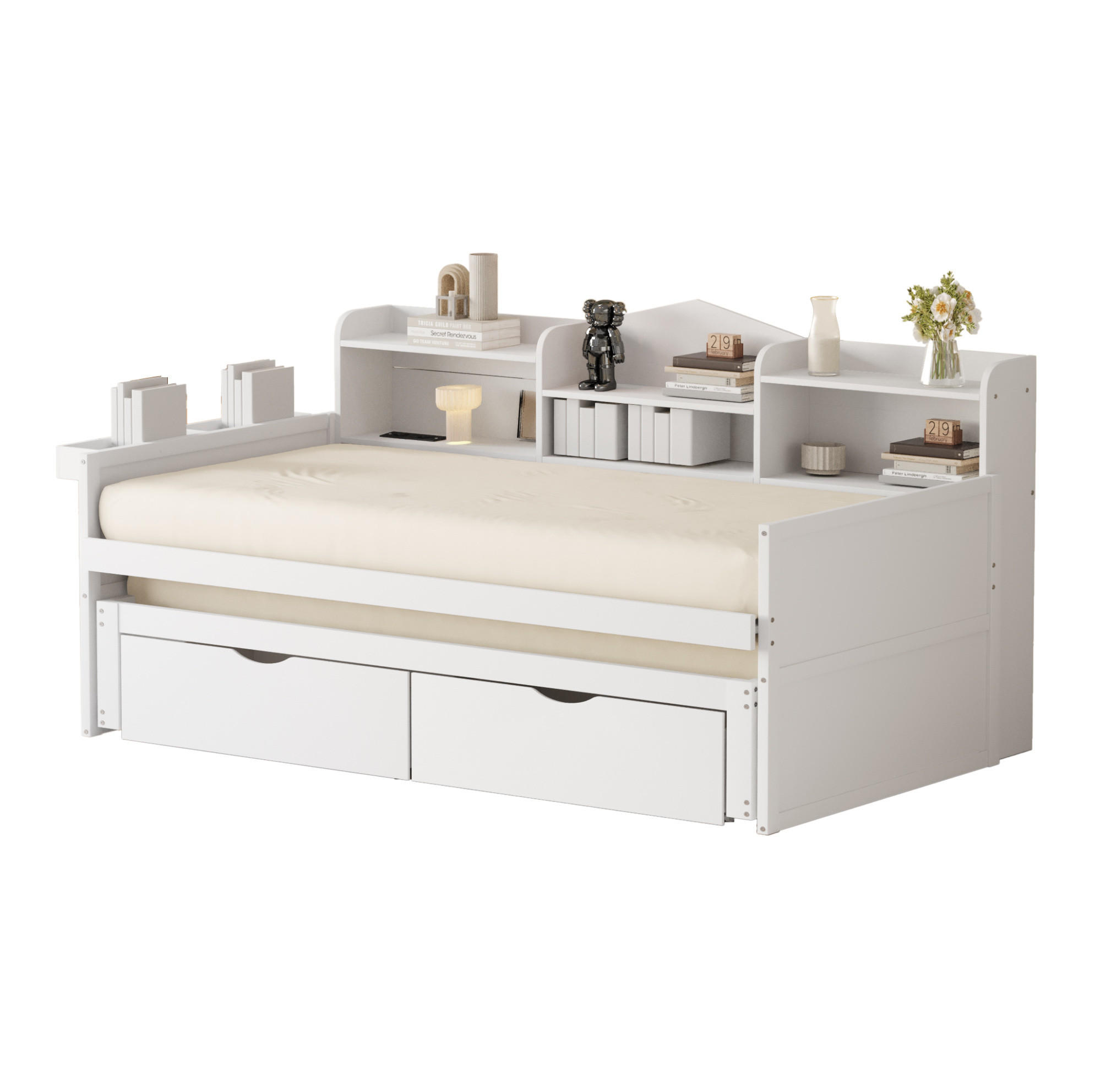AUSZIEHBETT 90/200 cm in Weiß aus Holzwerkstoff mit Stauraum und USB-Anschluss - Weiß, Holz (90/200cm) - Flora Grace