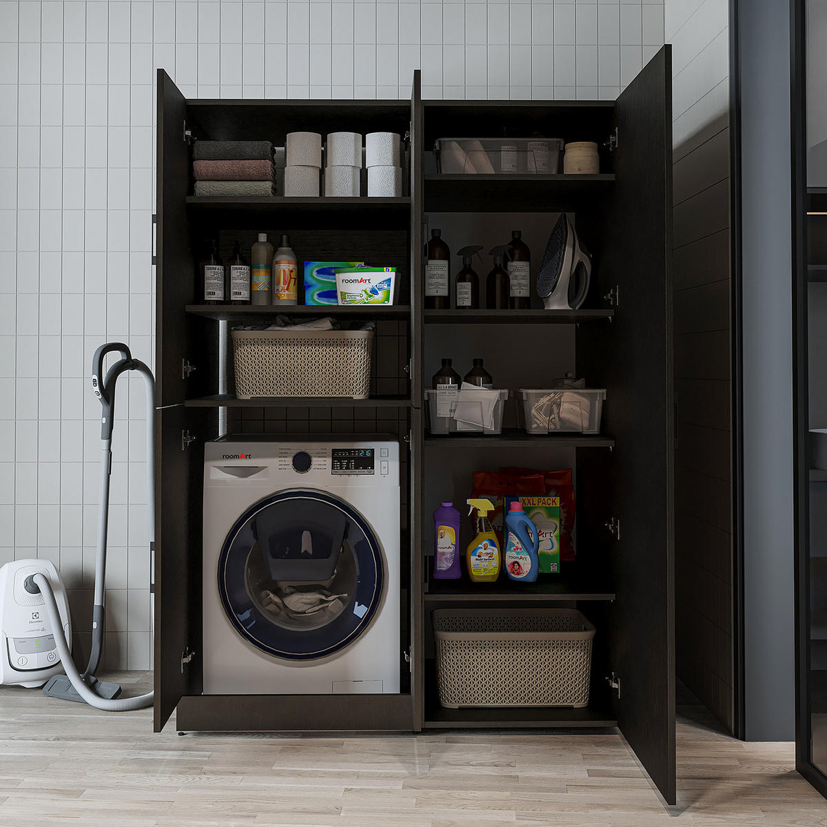 WASCHMASCHINENSCHRANK DORA-II 130cm Breit, 186cm Hoch - Schwarz, Holzwerkstoff (130/186/73.8cm)