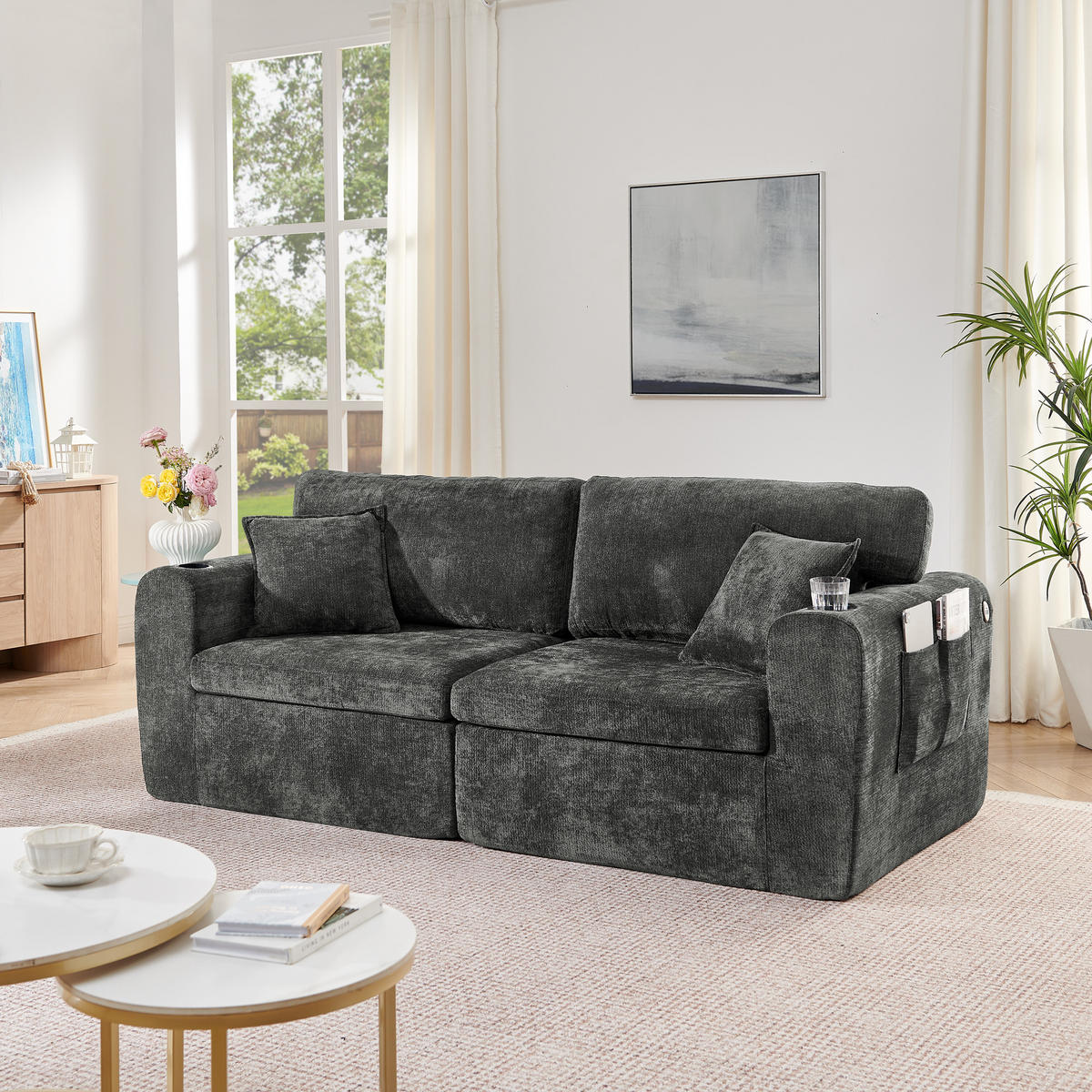 2-SITZER SOFA Chenille Schwarz mit USB, Magazintasche, Getränkehalter und Kissen - Schwarz, Textil (220/89/100cm) - WISHDOR