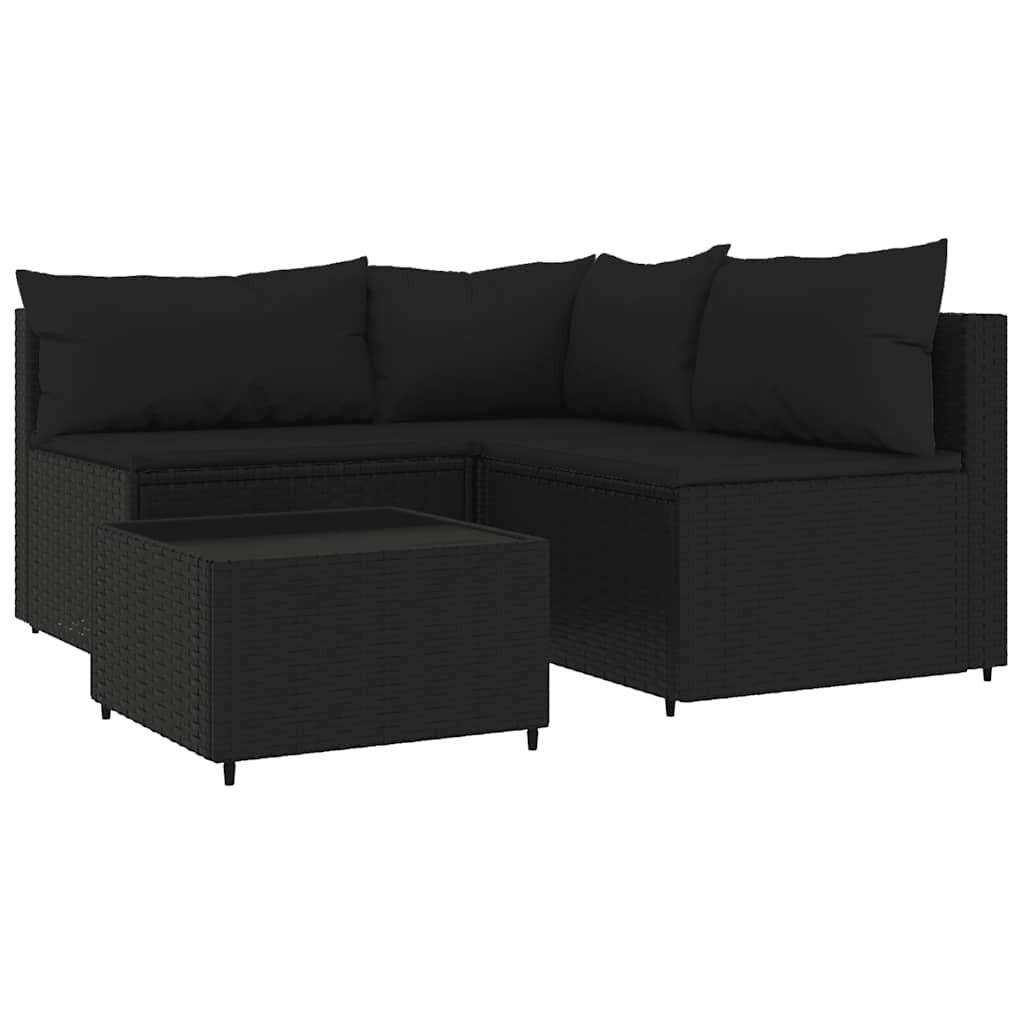 LOUNGEGARNITUR mit Auflagen und 50 cm Couchtisch, aus Poly Rattan und Glas, Schwarz, 4-teiliges Set - Schwarz, Kunststoff - vidaXL