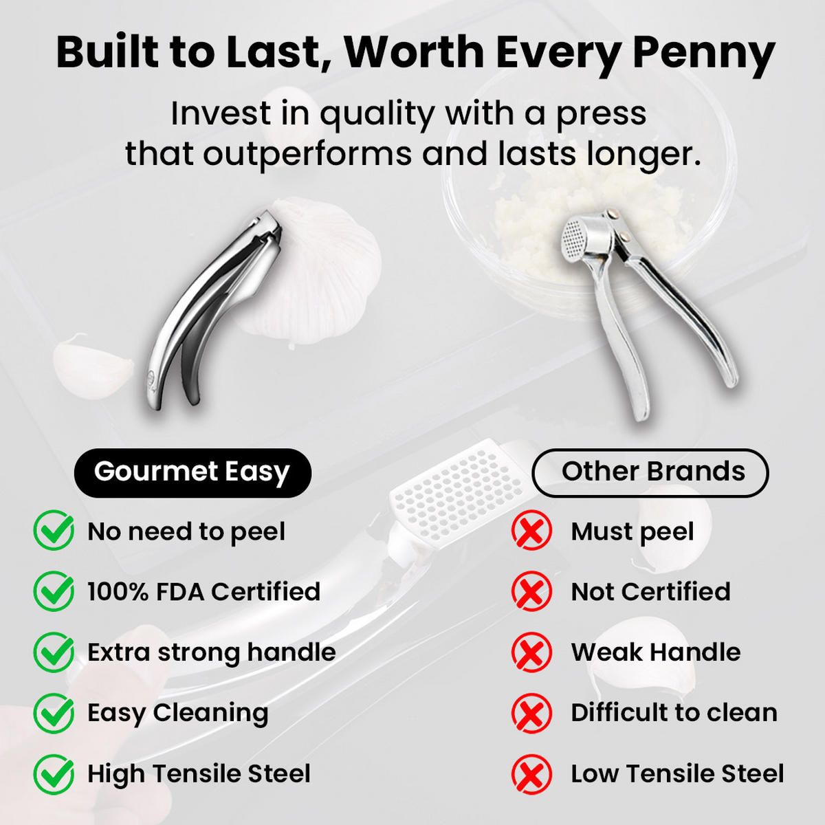 KNOBLAUCHPRESSE - Original,Knoblauchpresse Garlic Easy Original, Edelstahl, feines Pressen ohne Schälen - Edelstahlfarben, Metall (5.1cm) - Gourmet Easy