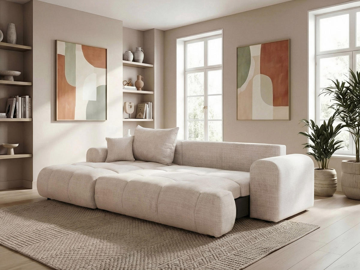 ECKSOFA MILANO mit Schlaffunktion und Bettkasten Creme - Creme, Holzwerkstoff/Kunststoff (250/160cm) - Idohome