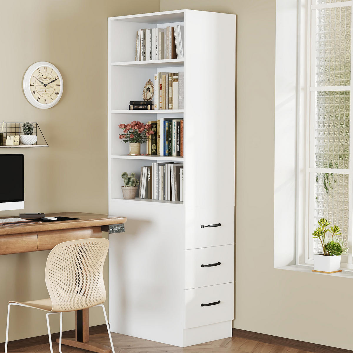 BÜCHERREGAL 180cm schmal Schubladen verstellbar modern - Weiß, Holzwerkstoff (60/180/38cm) - FLIEKS
