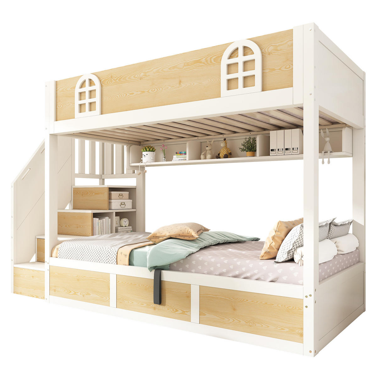 PATROVÁ postel 90/200 cm bílá a přírodní kovová se schodišťovou skříňkou - přírodní, kompozitní dřevo (90/200cm) - OKWISH