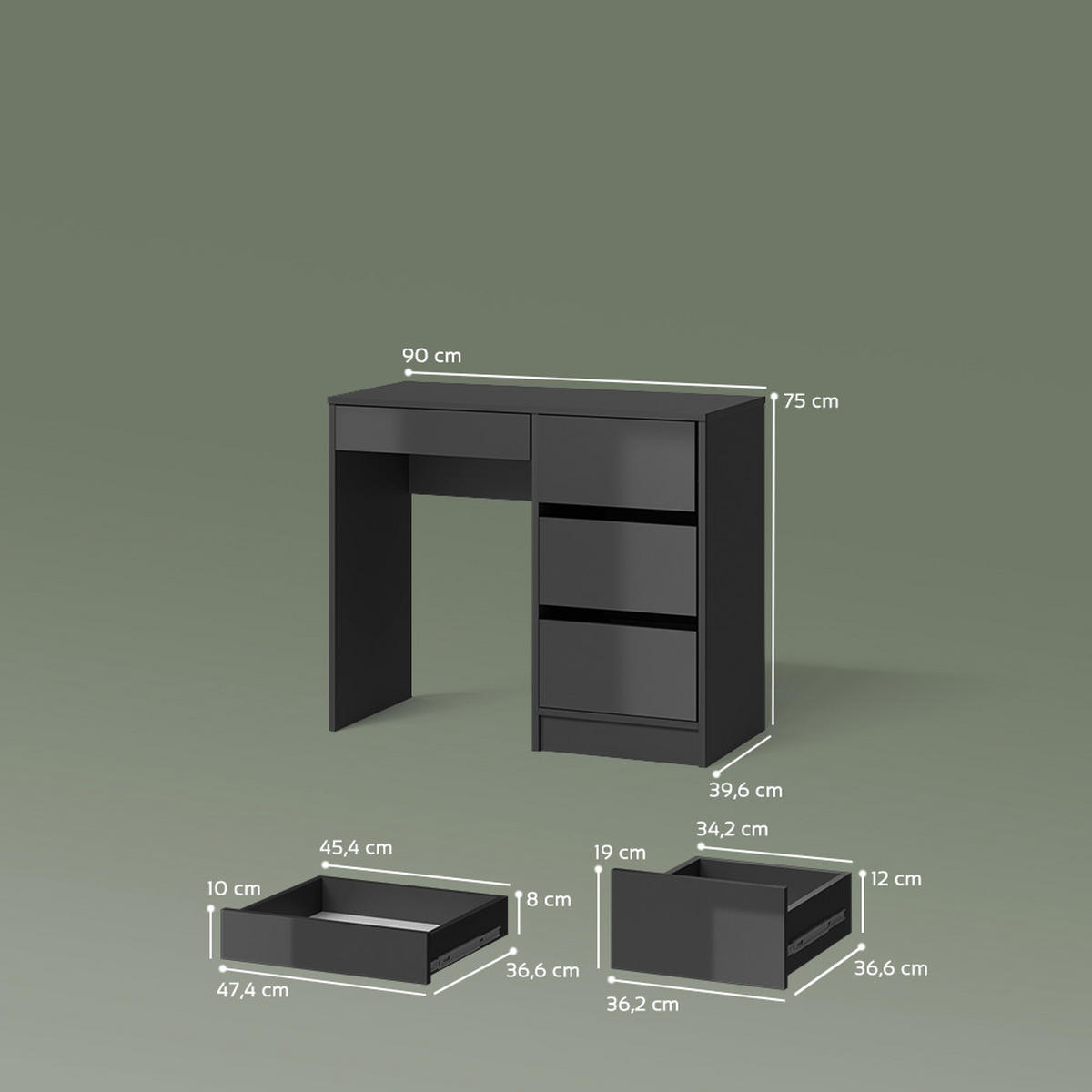 SCHMINKTISCH Imola Anthrazit mit 4 Schubladen - Anthrazit, Holzwerkstoff (40/90/75cm) - Livinity®