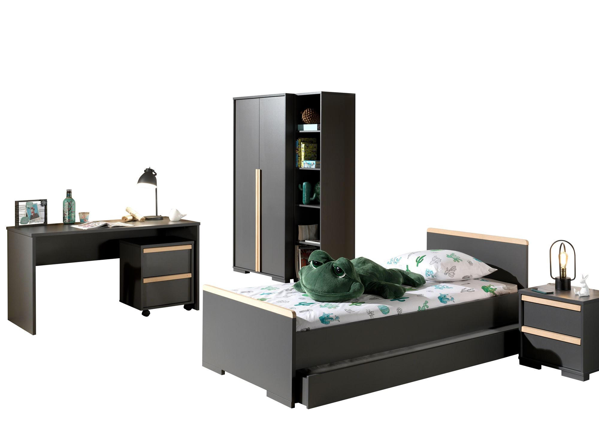 KINDERZIMMER komplett Set 7-tlg. Kariotta 12 Anthrazit Griffe Massivholz - Anthrazit, Holzwerkstoff (788/1/441cm) - 58aufmkessel