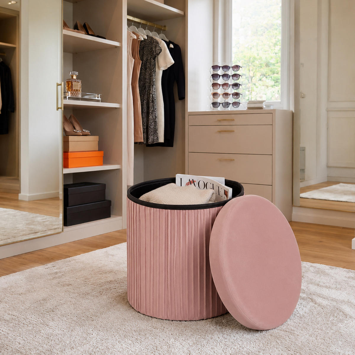 PUFF Rosa sammet med förvaring hopfällbar 38x38 cm - Pink, Träbaserade material/Textil (38/38/38cm) - Relaxdays