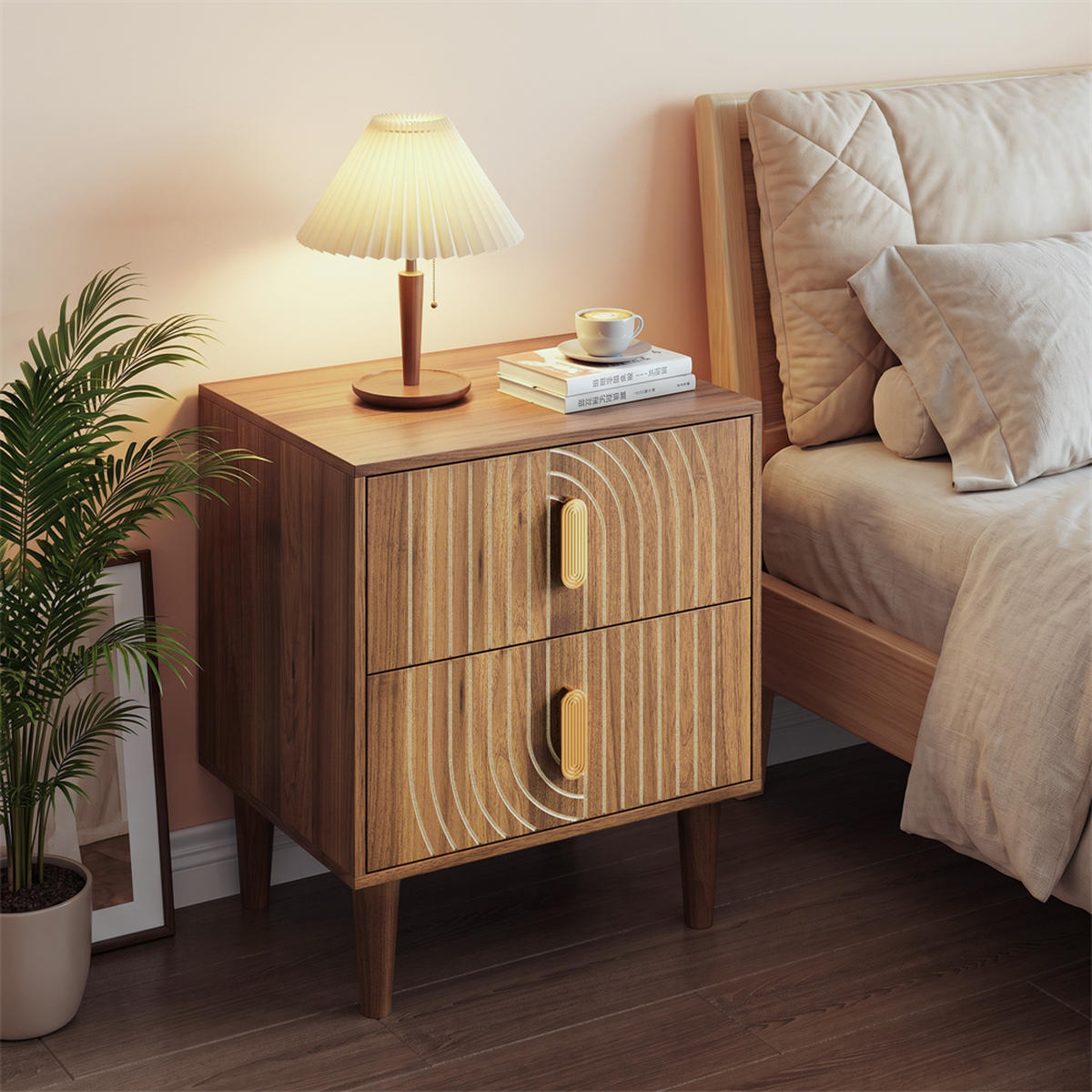 NACHTTISCH mit 2 Schubladen - Stilvollen Metallgriffen & Stabilem Massivholzbeine - für Schlafzimmer & Wohnzimmer - Walnussfarben, Holzwerkstoff (38/56/48cm) - DELFA