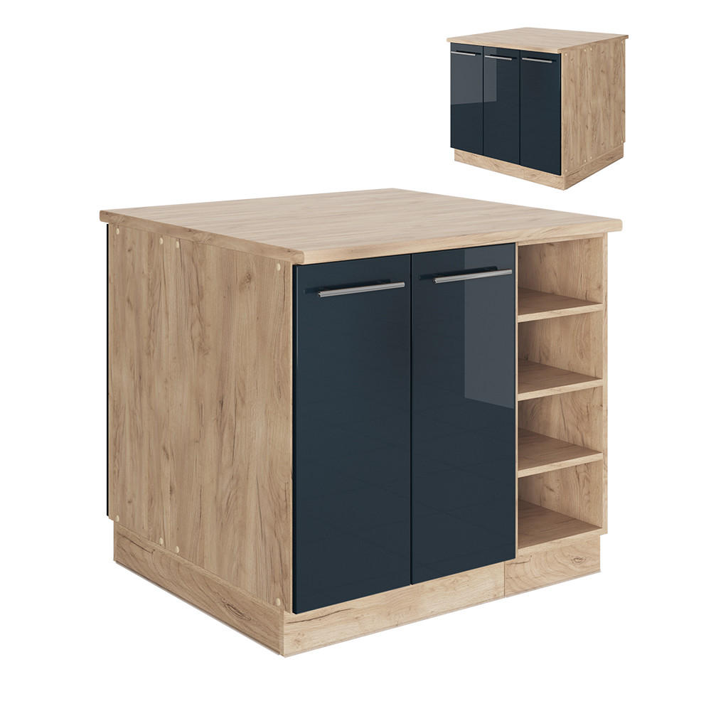KÜCHENINSEL Fame-Line Dunkelblau Hochglanz 90 cm ohne AP - Honigeiche/Dunkelblau, Holzwerkstoff (90/82/60cm) - Vicco
