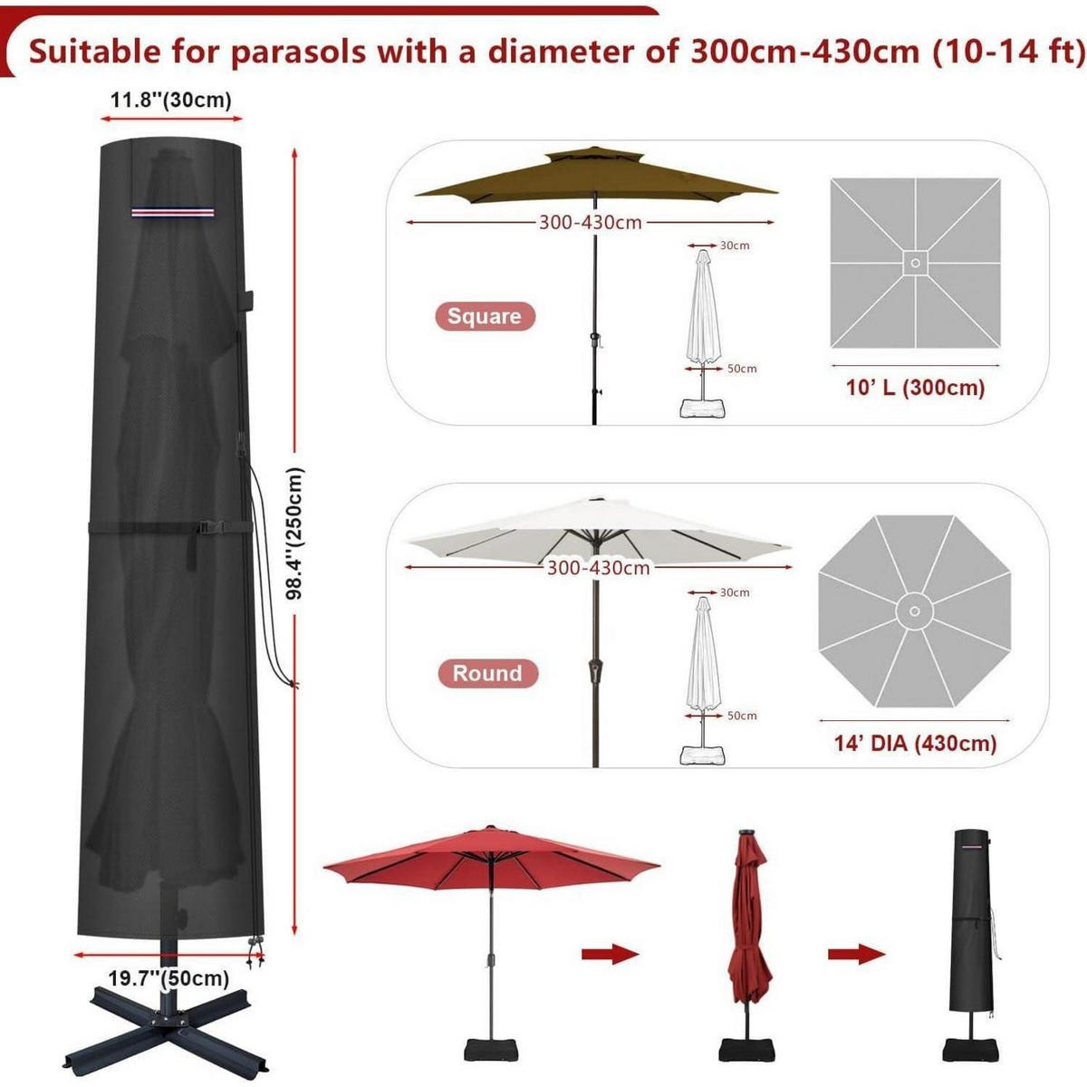 SONNENSCHIRMHÜLLE mit Stab 250 cm Höhe für Ø400cm Schirme - Schwarz, Kunststoff (1/1/1cm)