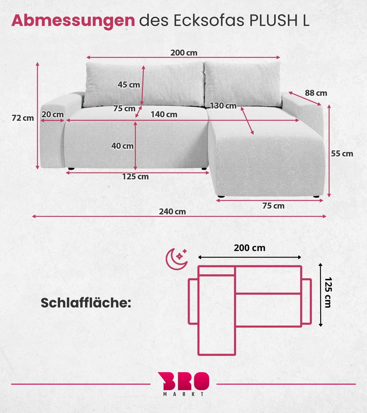 ECKSOFA PLUSH mit Schlaffunktion Hellgrau Boucle - Silberfarben, Textil (240/145cm) - Bromarkt