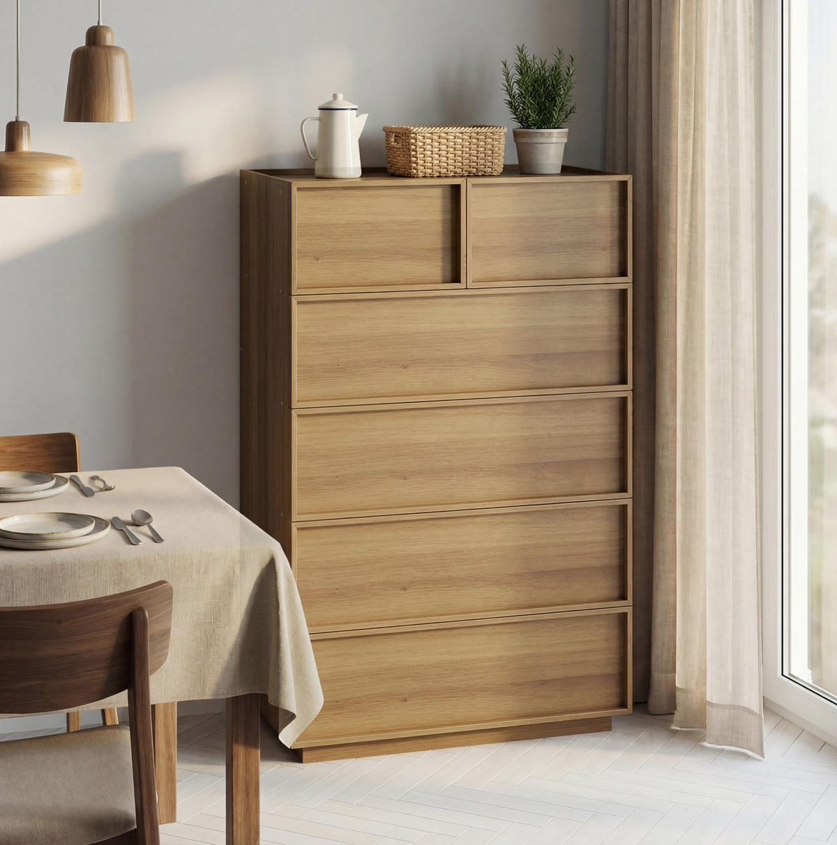 KOMMODE aus MDF und Holzwerkstoff 80x48x127 cm Eichefarben mit 6 Schubladen und Kippschutz - Nussbaumfarben, Holzwerkstoff (80/127/48cm) - Modfu