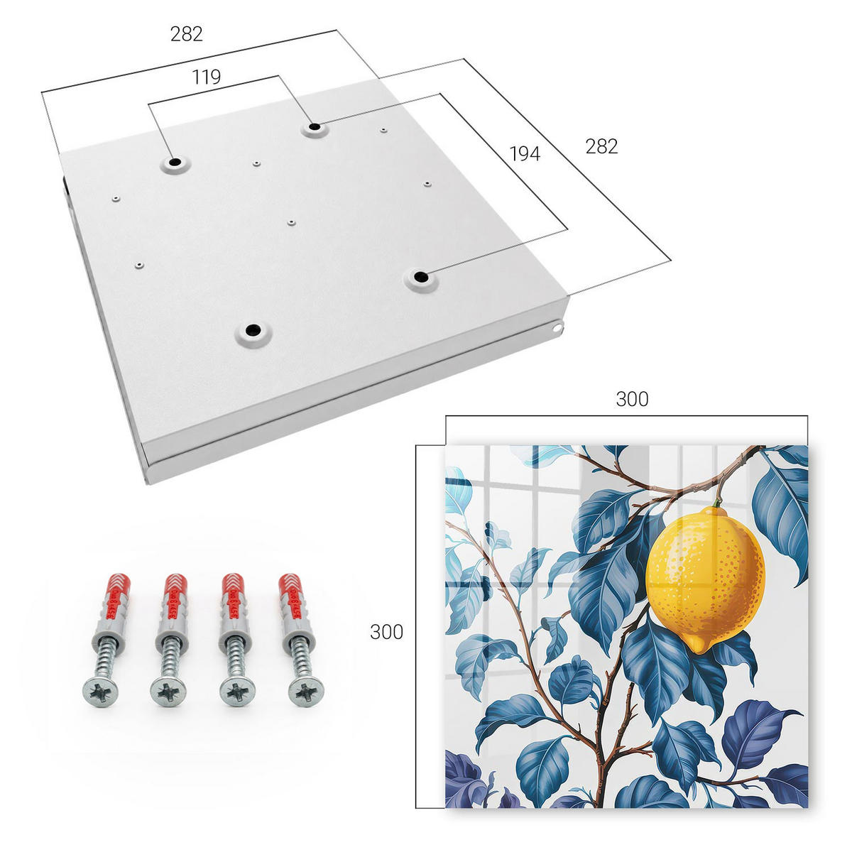 SCHLÜSSELBOX Weiß 30x30 cm – Türöffnung nach rechts - Zitronenblätter - Blau, Metall (30/30/5cm) - TULUP