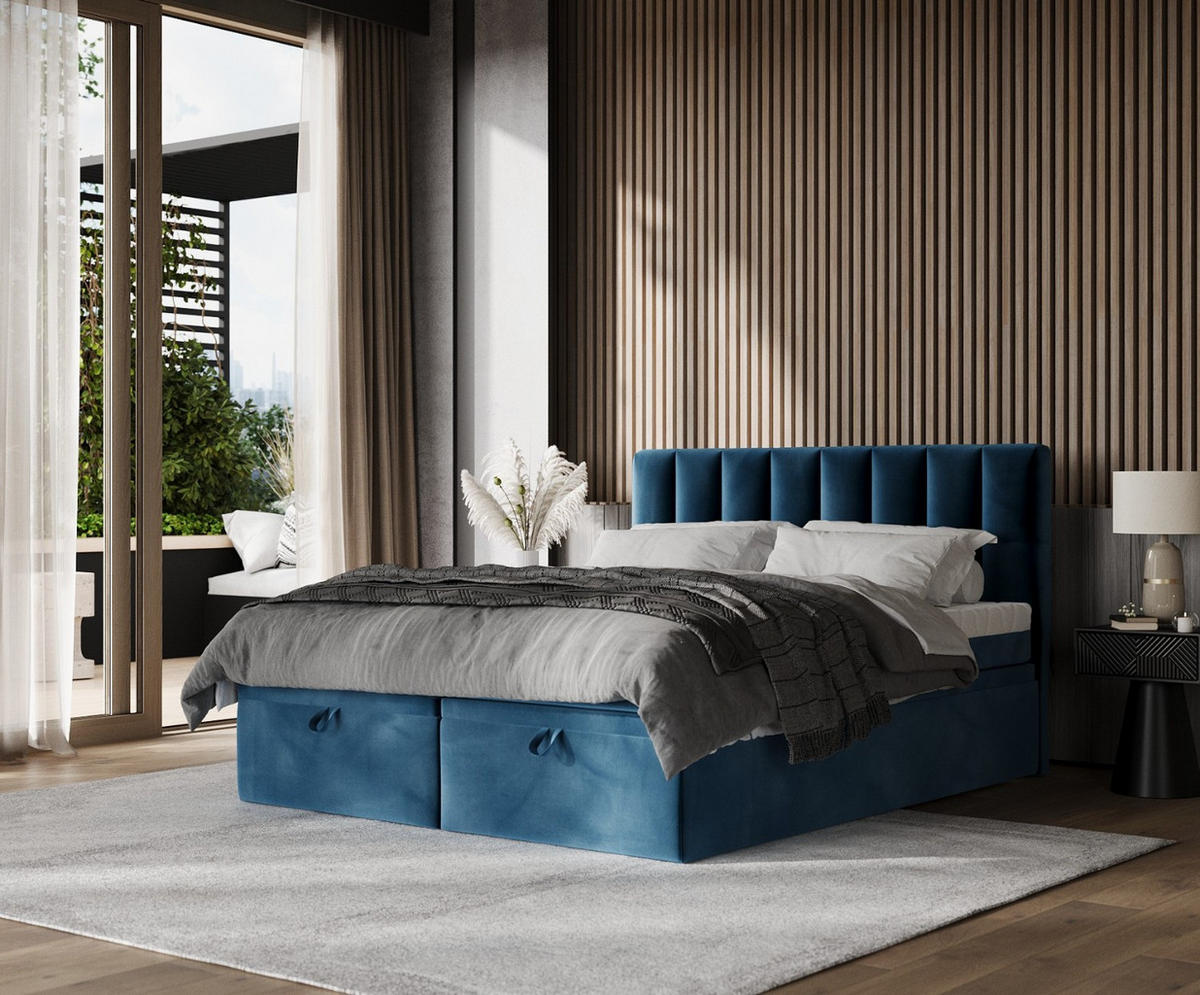 BOXBETT Lume 180/200 cm Dunkelblau im Kronos Stoff - Schwarz/Dunkelblau, Holz/Holzwerkstoff (180/200cm) - AltaBeds