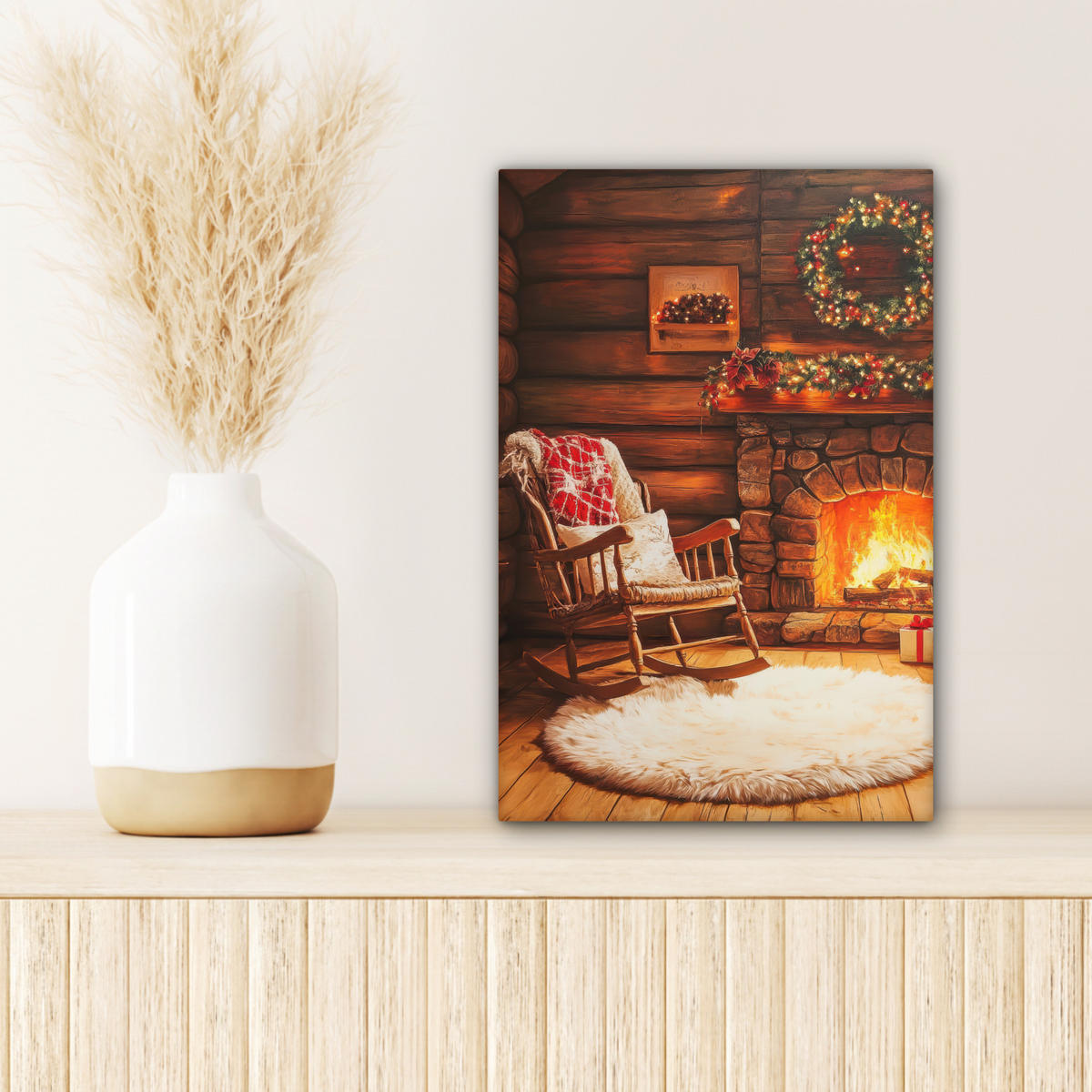 LEINWANDBILD Winter - Weihnachten - Zuhause - Kamin Deko Wohnzimmer 20x30 cm - Bernsteinfarben, Textil (20/30cm) - MuchoWow