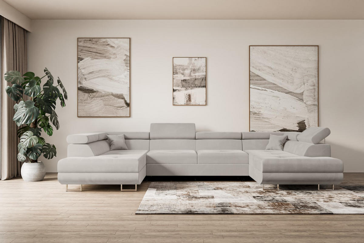 WOHNLANDSCHAFT mit Schlaffunktion und Bettkasten GUSA-U 342x202x107 cm Hellbraun Velours - Hellbraun/Silberfarben, Holzwerkstoff/Textil (342/107/202cm) - ALTDECOR