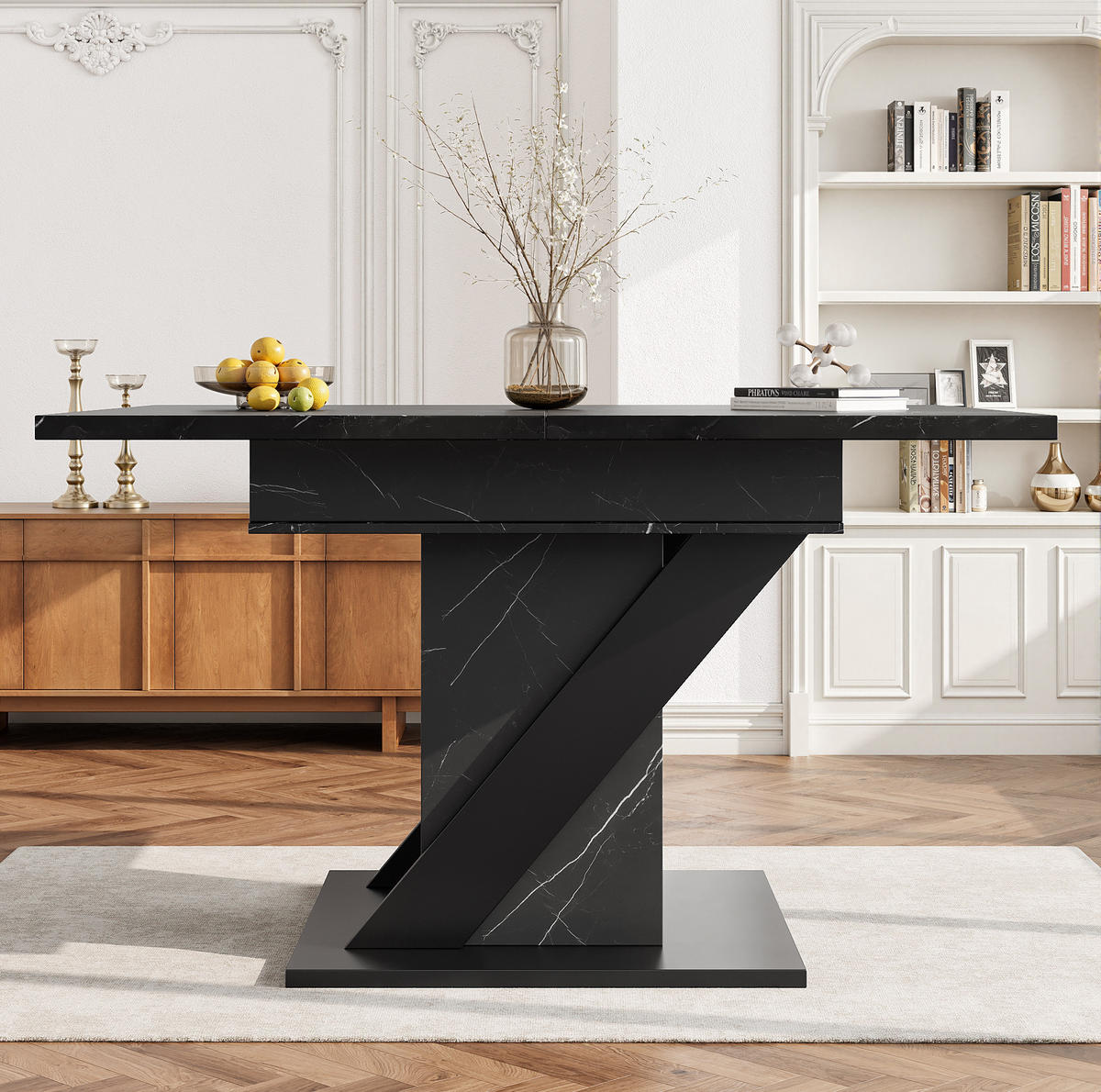 BLAGOVAONSKI stol 110-140/80/75 cm crni od MDF-a na razvlačenje u mramornom izgledu - crna, drvni materijal (110/80/75cm) - OKWISH