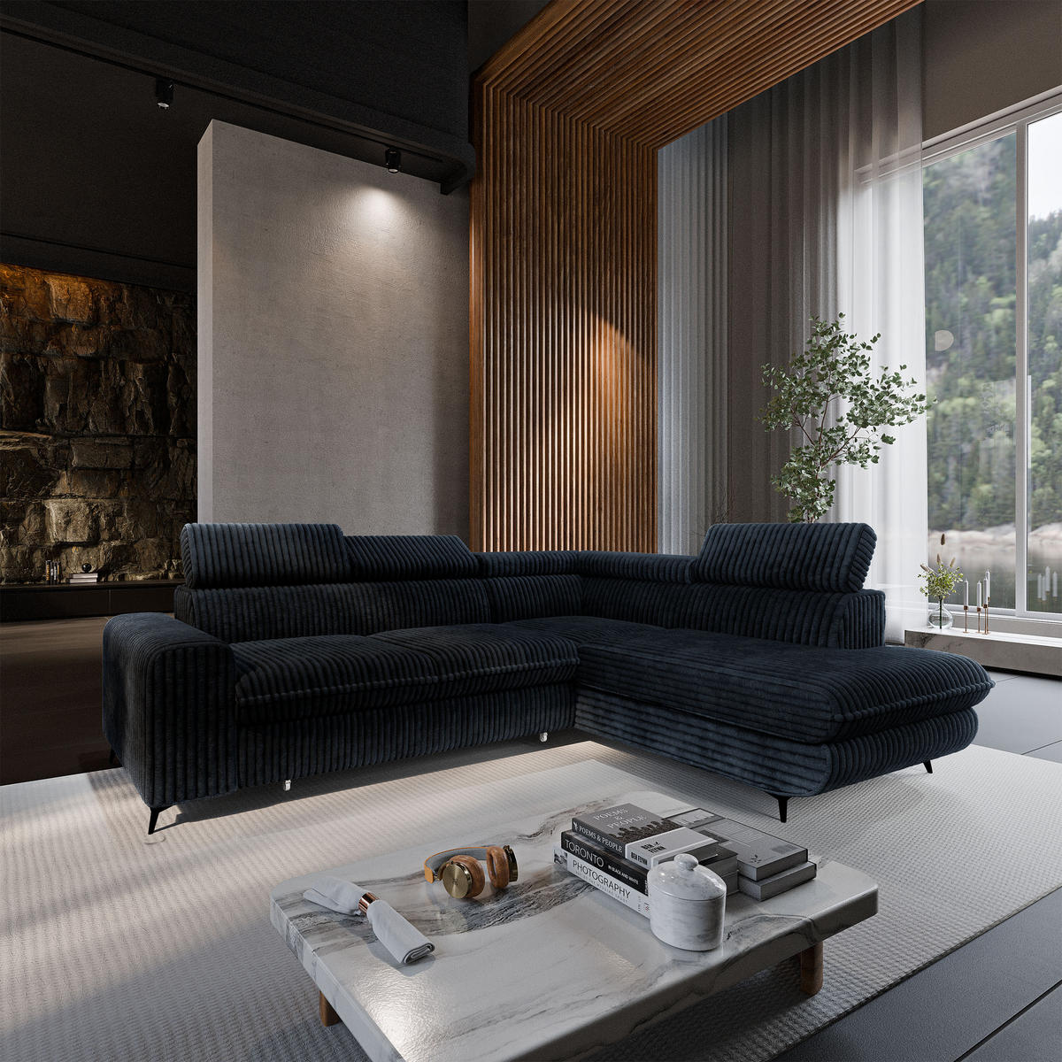 ECKSOFA VELISS Schwarz Kordstoff mit Schlaffunktion - Schwarz, Holz (255/193cm) - MASSENO