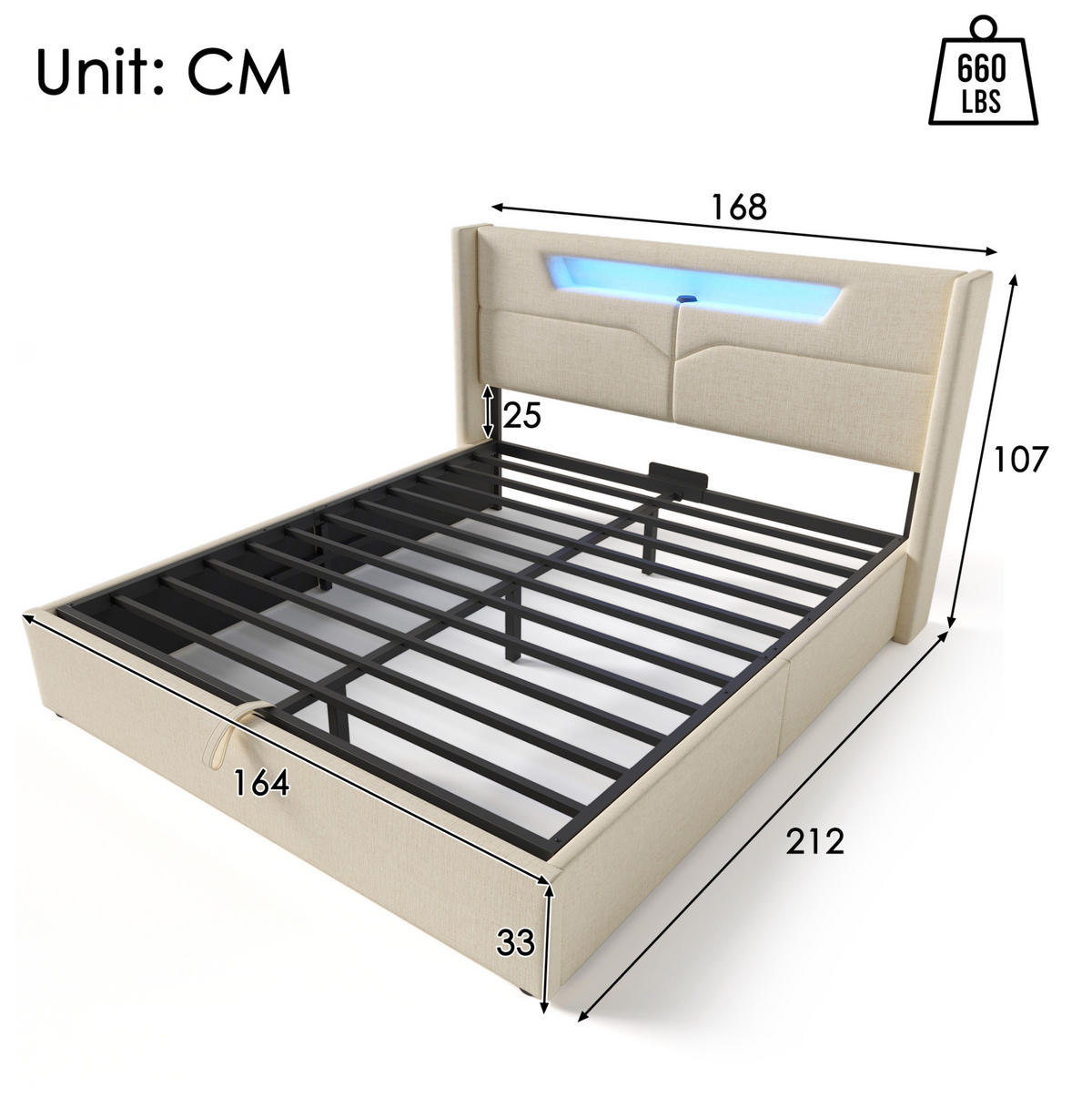 POLSTERBETT 160/200 cm mit LED-Beleuchtung, USB-C, Bettkasten und Matratze aus Leinenstoff，Beige - Beige, Textil (160/160cm) - Redom