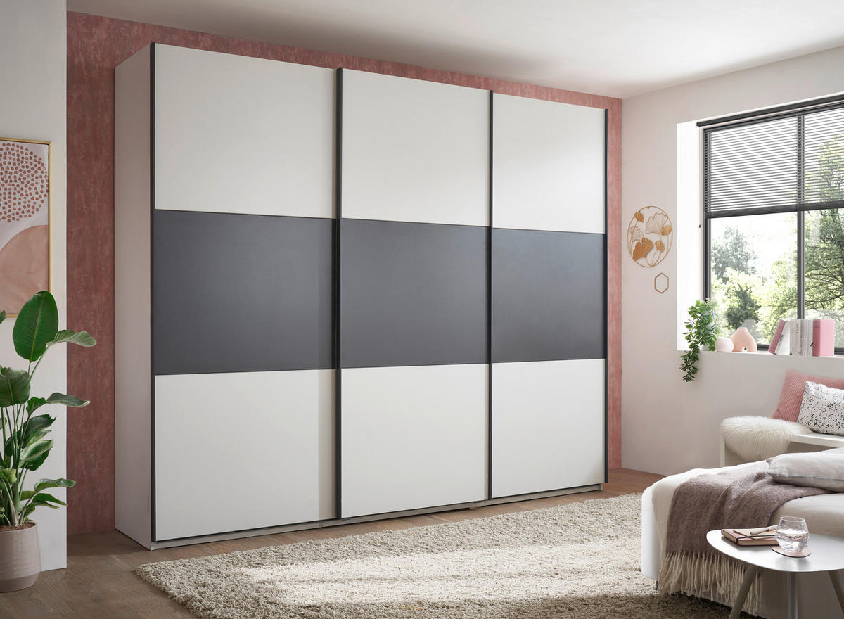 SCHWEBETÜRENSCHRANK Metrino in Hellgrau und Graphit – Kleiderschrank, Stauraum mit Softclose und Hoteleinteilung - Weiß, Holzwerkstoff (270/225/62cm) - Schlafkontor GmbH & Co. KG