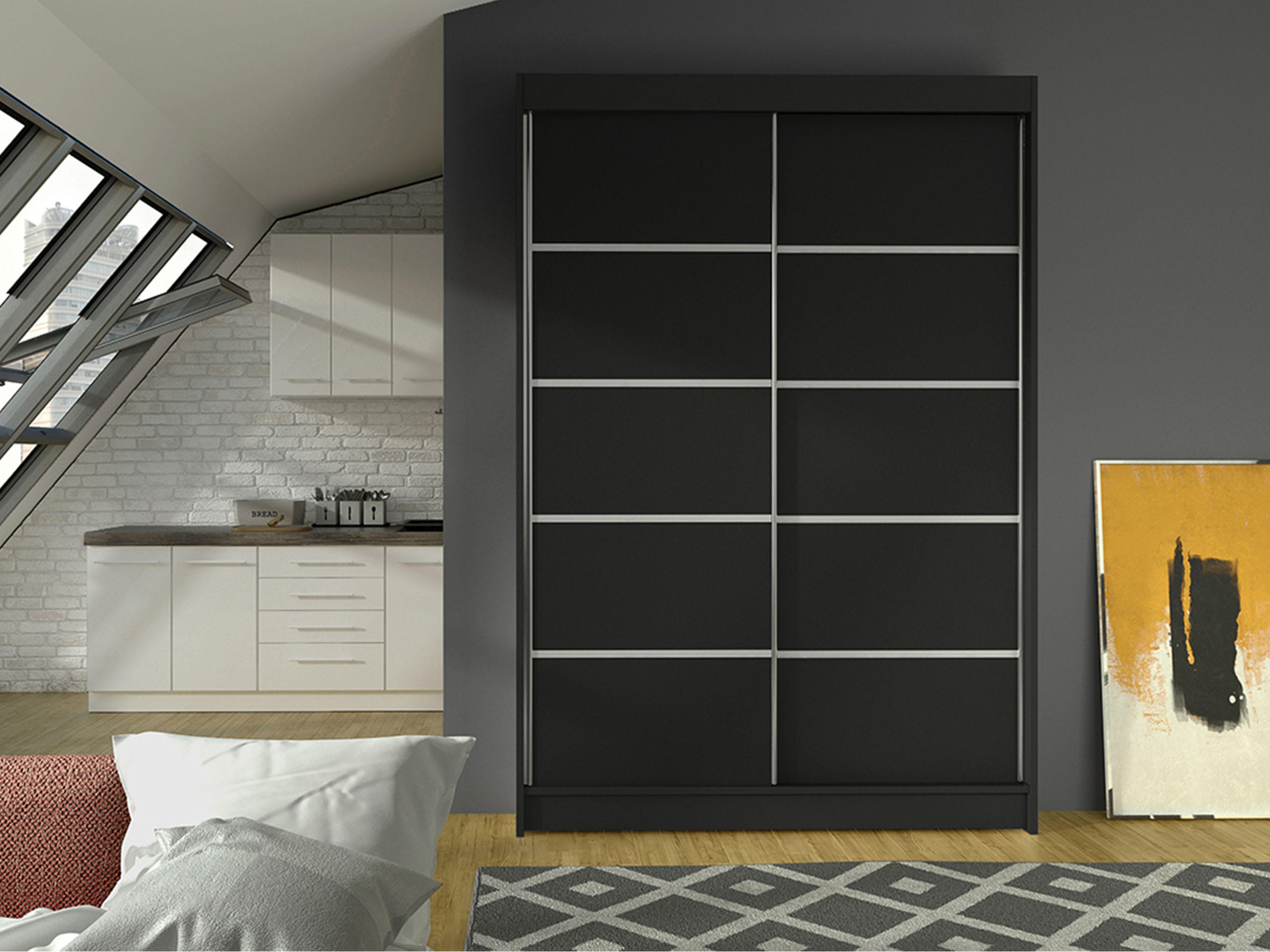 SCHWEBETÜRENSCHRANK Lino IV - Schwarz, Holzwerkstoff/Metall (120/200/58cm) - MIRJAN24