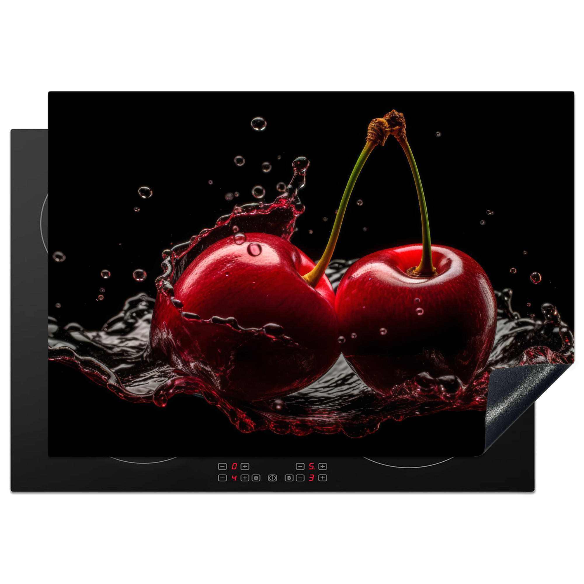 MuchoWow KRYT NA INDUKČNÍ DESKU Třešeň - červená - ovoce - voda - černá 75x52 cm