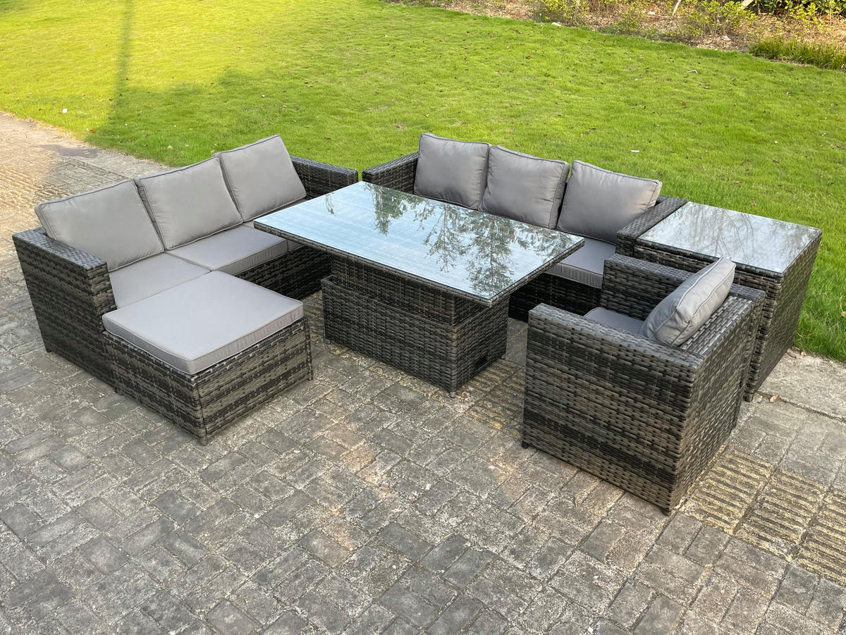 GARTENTISCHGRUPPE Polyrattan 8-Sitzer - Dunkelgrau/Grau, Glas/Kunststoff - Fimous