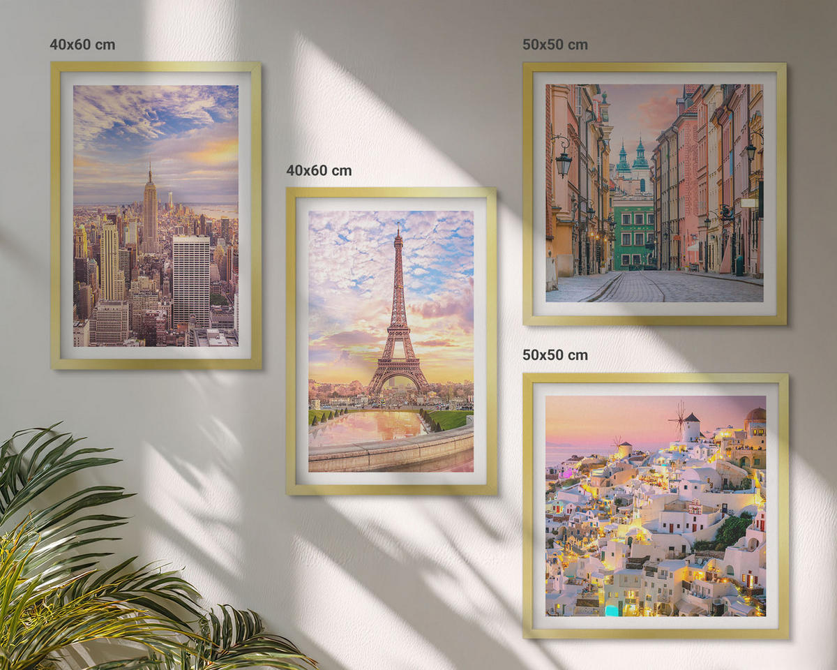 WANDBILDER 4er Set - 50x50 cm & 40x60 cm Goldrahmen - New York Paris Oia Warschau Dämmerung - Goldfarben, Kunststoff (50/50cm) - ArtPrintCave