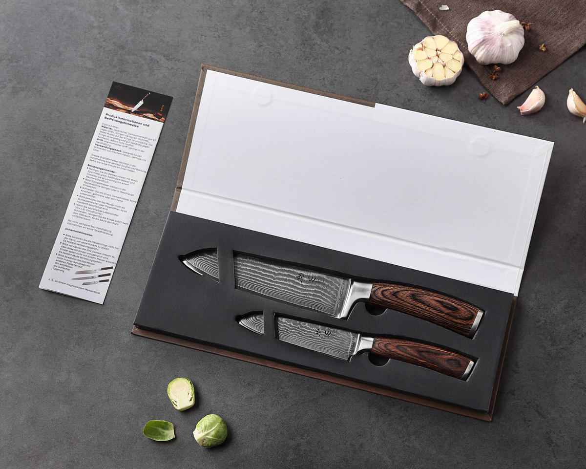 SANTOKU Damastmesser-Set I EDIB - Braun, Holz/Metall - Wakoli