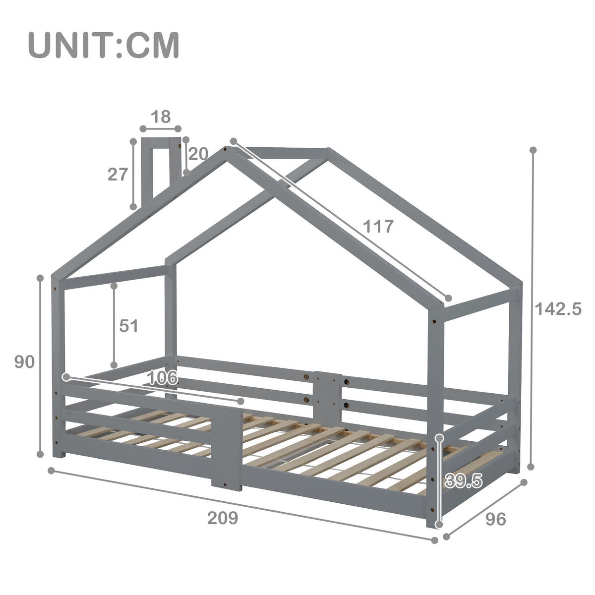 HAUSBETT grau - Grau, Holz (209/143/96cm) - Urban Meuble