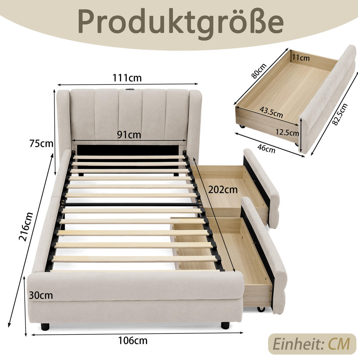 POLSTERBETT 90/200 cm in Beige mit Schubladen und USB- sowie Type-C-Anschlüssen - Beige, Textil (90/200cm) - Flora Grace