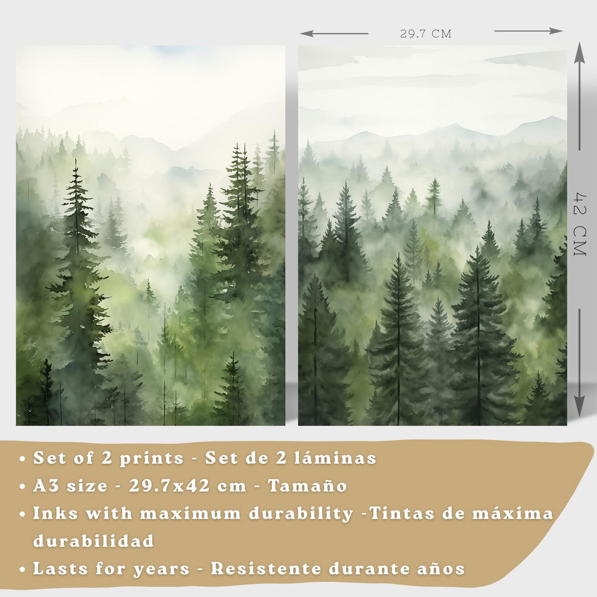 PLAKAT Sada 2 dekorativních tisků Nordic Forest Landscape Moderní obývák Obrázky - Zelené dekorativní plakáty Dekorace Obývací pokoj A3 Bílý rám - bílá, papír (29.7/42/3cm) - Nacnic