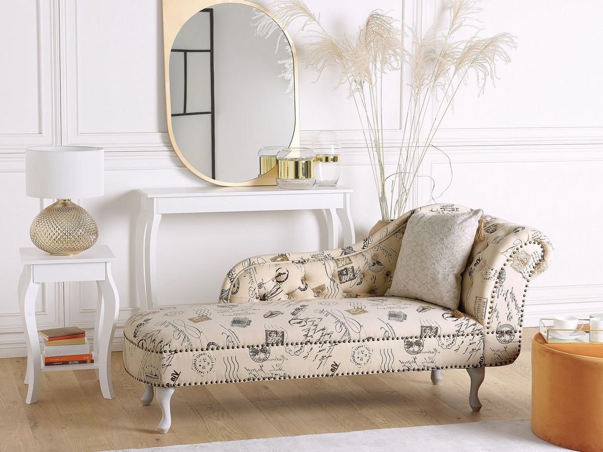CHAISELONGUE Polsterbezug beige Druckstoff rechtsseitig Nimes - Beige/Weiß, Textil (170/79/61cm) - Beliani