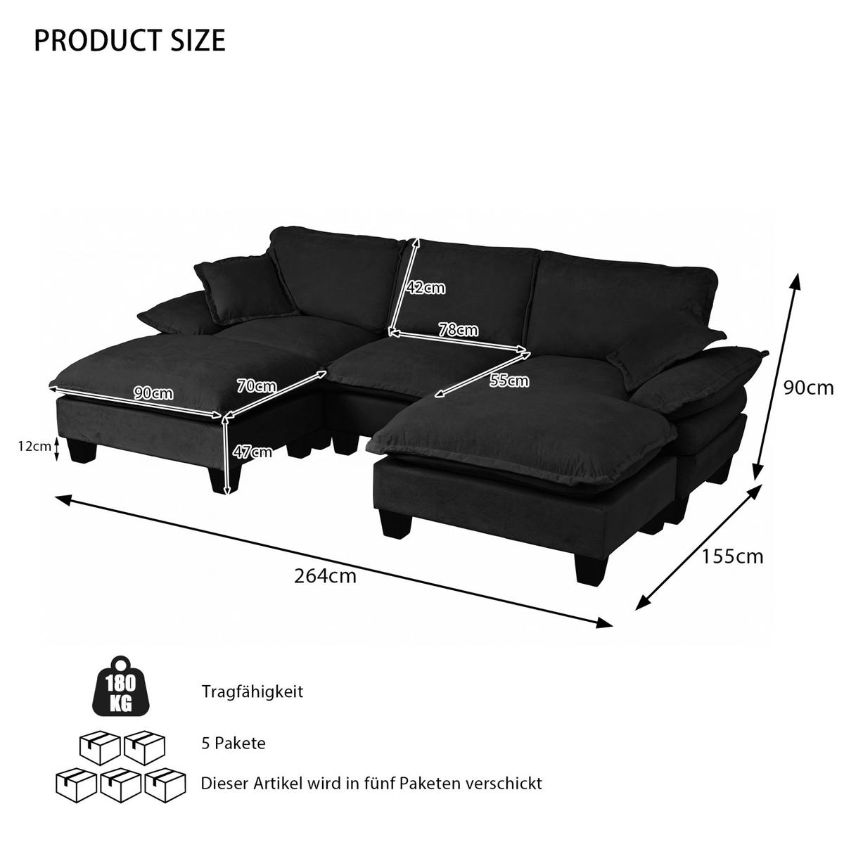 ECKSOFA 263/151/90 cm mit 2 beweglichen Ottomanen, abnehmbaren Armlehnen und Chenille-Bezug, Schwarz - Schwarz, Textil (263/151cm) - Redom