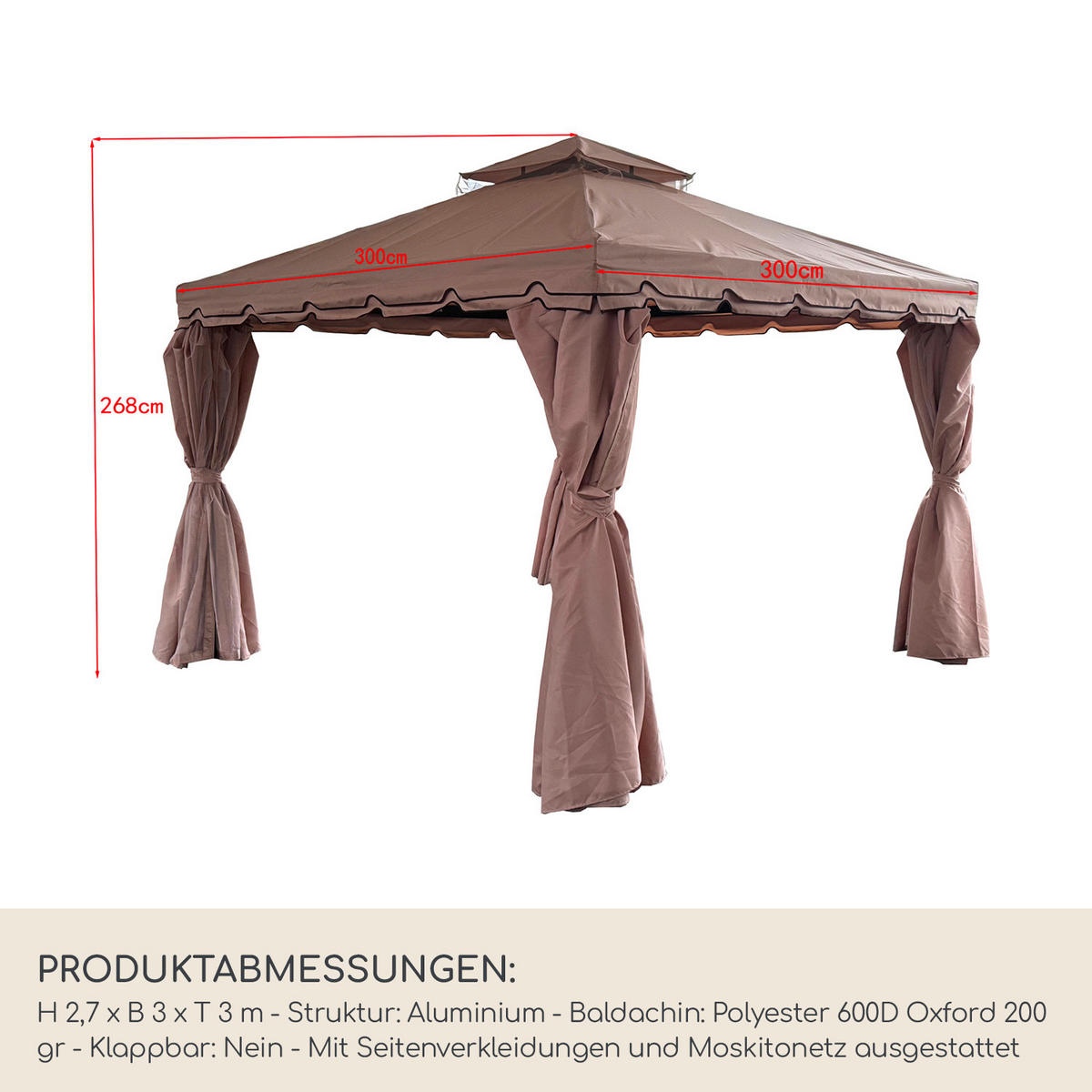 FALTPAVILLON Hellbraun 300/300/270 cm - Hellbraun, Metall (300/268/300cm) - Mobili Rebecca
