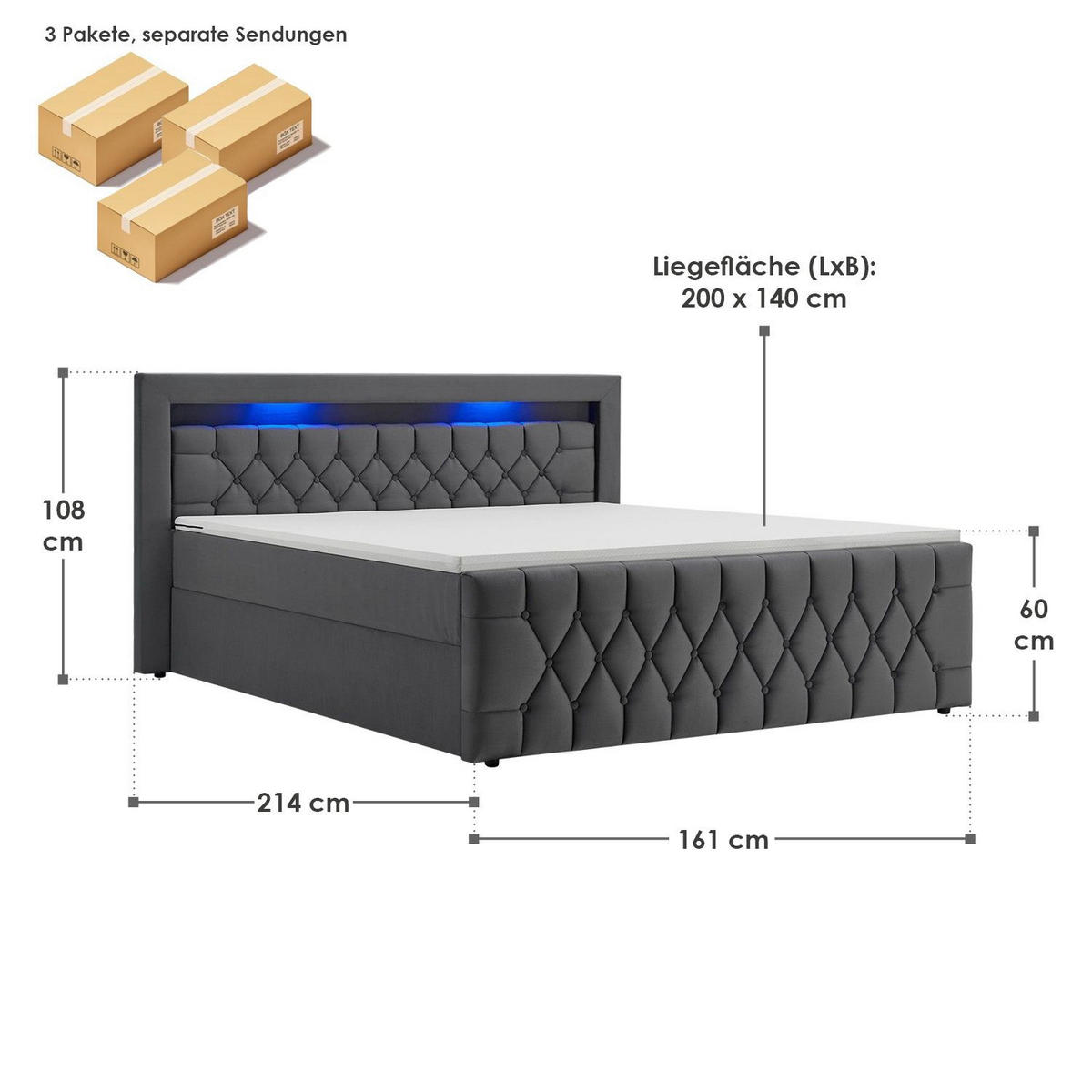 BOXBETT Leona Grau Samt 140x200 cm - Grau, Textil (140/200cm) - Juskys