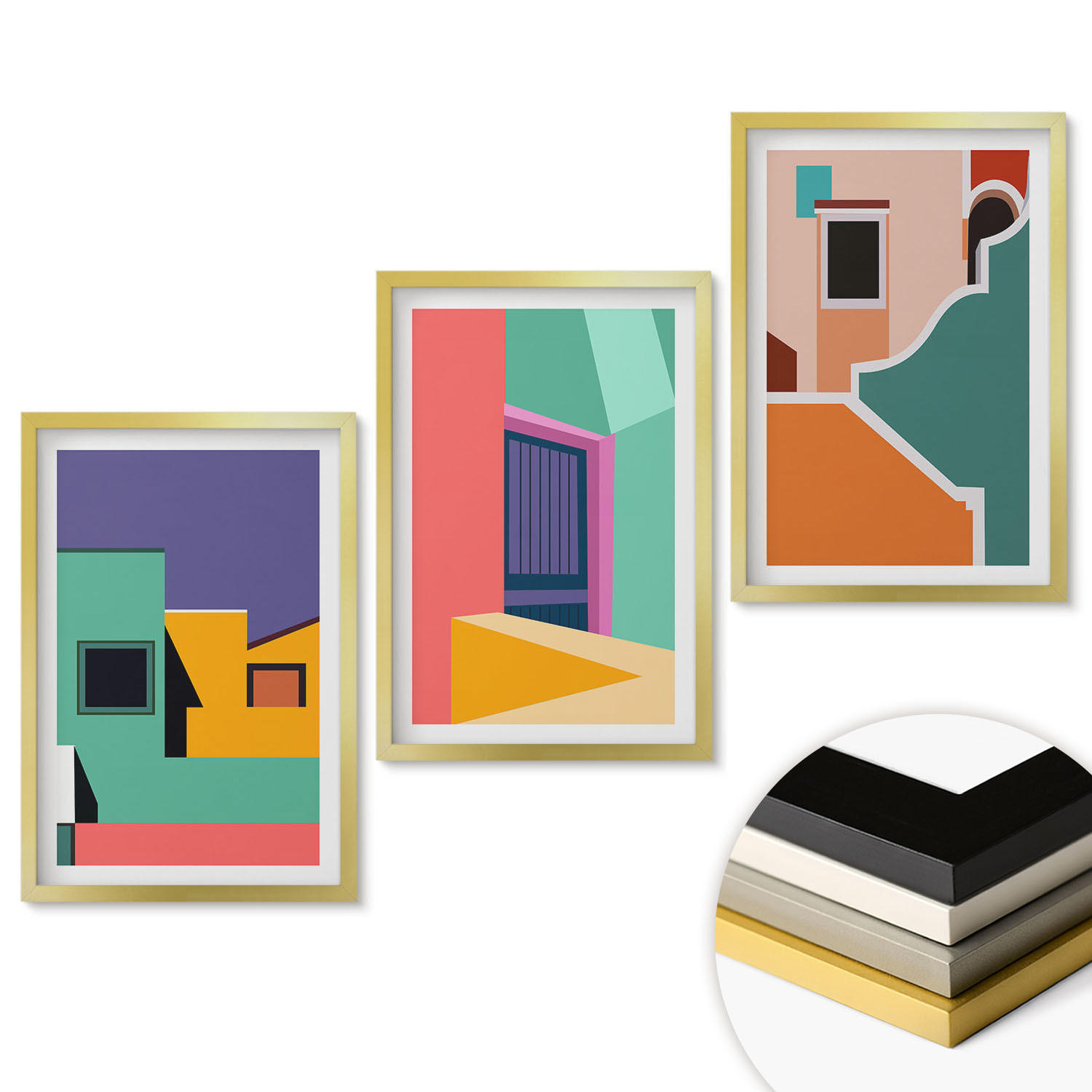 WANDBILDER 3er Set - 40x60 cm Goldrahmen - Farbenfrohe Illustrationen der Stadt - Goldfarben, Kunststoff (40/60cm) - ArtPrintCave