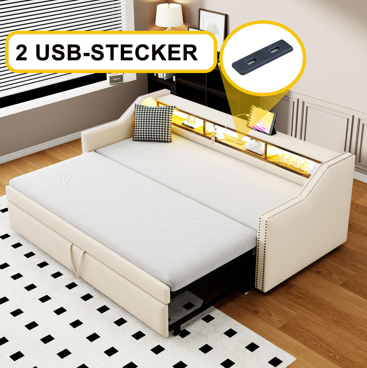 MULTIFUNKTIONSBETT 90/190 cm und 180/190 cm Beige mit Stauraum LED und USB-Anschluss mit Lattenrost Mit Matratze - Beige, Textil (90/190cm) - OKWISH
