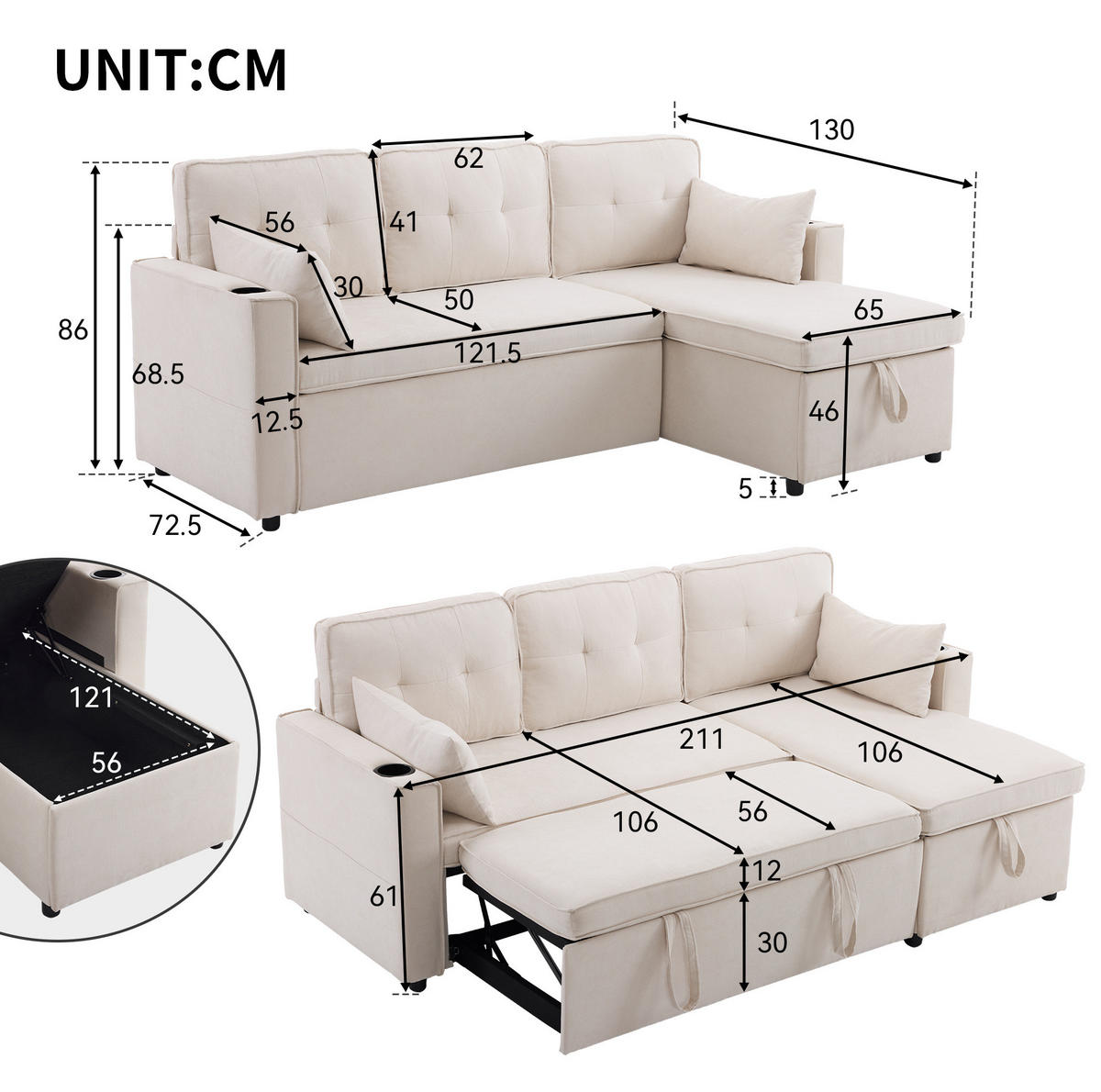 SCHLAFSOFA aus Baumwoll-Leinen 211x130x86 cm Beige mit Stauraum, Getränkehaltern und wechselbarer Chaiselongue - Beige, Textil (211/86/129.5cm) - Modfu