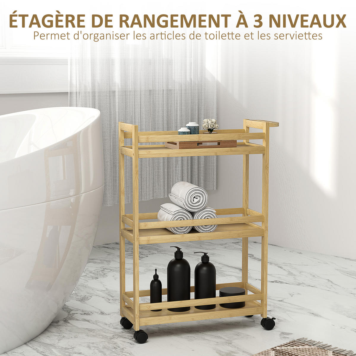 BADEZIMMERREGAL DE-17322 3-stufig mit Rollen & Handgriff Natur - Naturfarben, Naturmaterialien (20/75/55cm) - ComfortXL