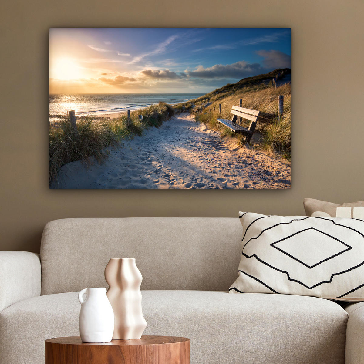 LEINWANDBILD - Sonnenuntergang - Strand - Düne - Gras - Ufer - 90x60 - Deko Wohnzimmer - Sandfarben, Textil (90/60cm) - MuchoWow