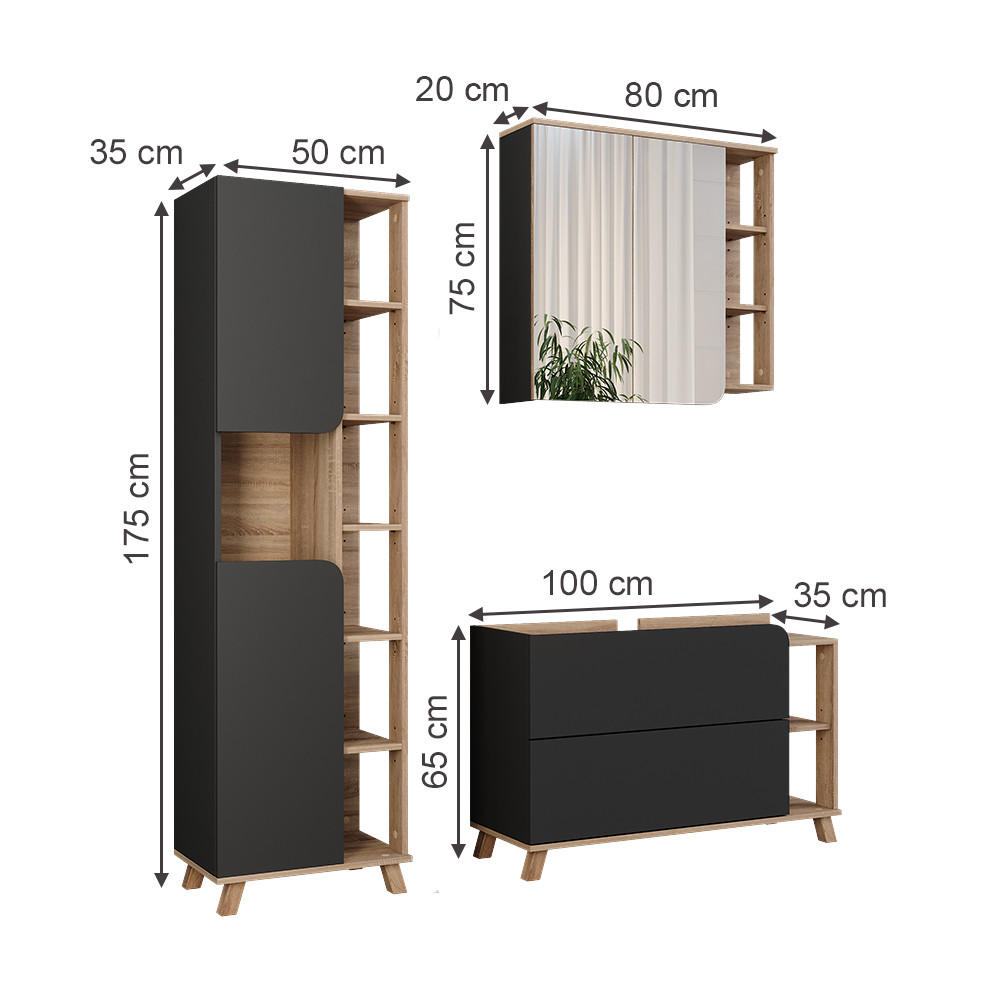 BADMÖBEL-SET Karen Sonoma/Anthrazit 3 Teile - Anthrazit, Holzwerkstoff (100/65/35cm) - Vicco