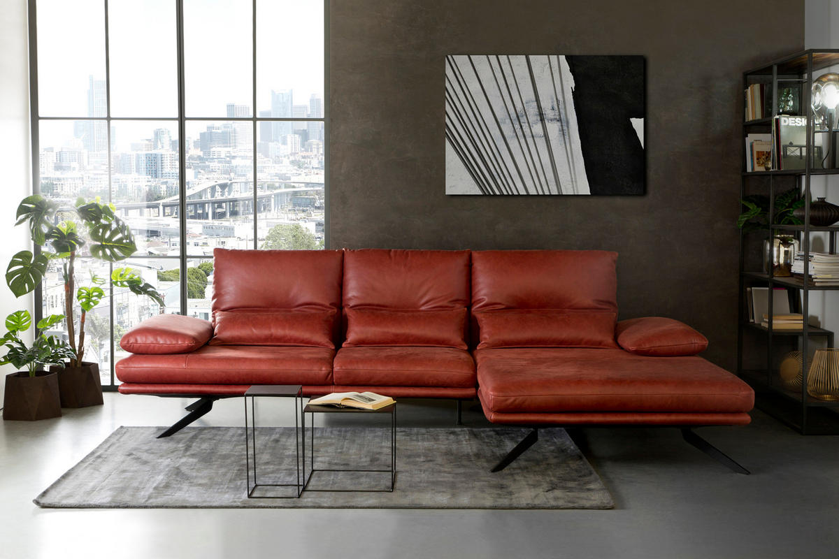 ECKSOFA FENICE Rot Leder - Rot/Schwarz, Leder (297/168cm) - KAWOLA