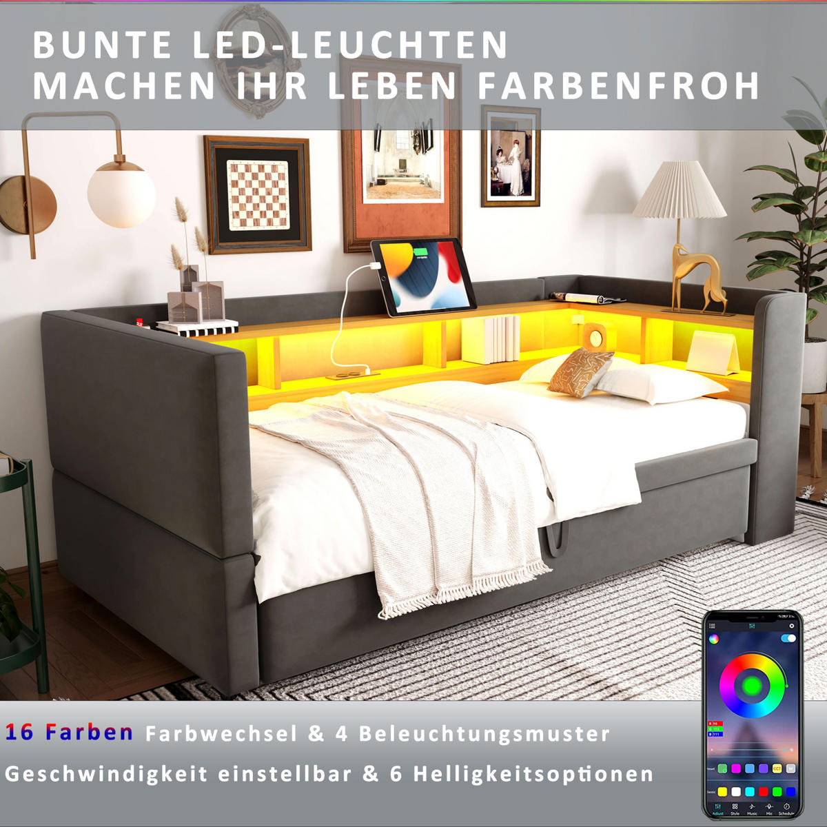 POLSTERBETT 90/180/190 cm Dunkelgrau aus Flanell mit LED-Beleuchtung und Steckdosen - Dunkelgrau, Textil (90/190cm) - OKMYHOME