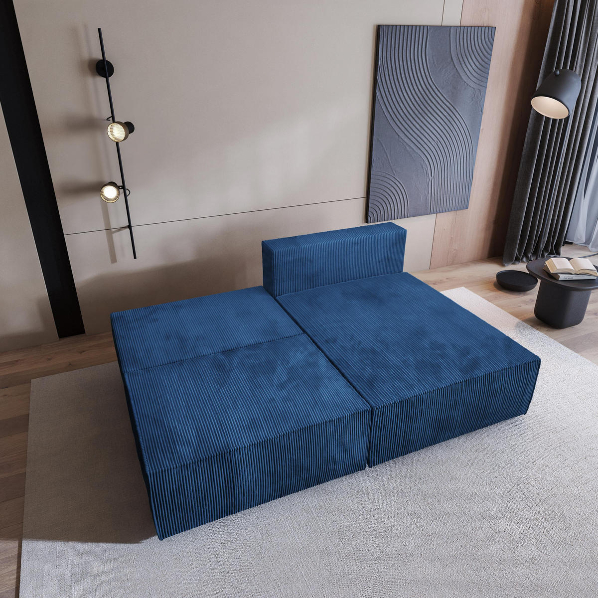 ECKSOFA FIORO P Blau Kordstoff mit Schlaffunktion - Blau/Grau, Holz/Kunststoff (204/148cm) - MASSENO