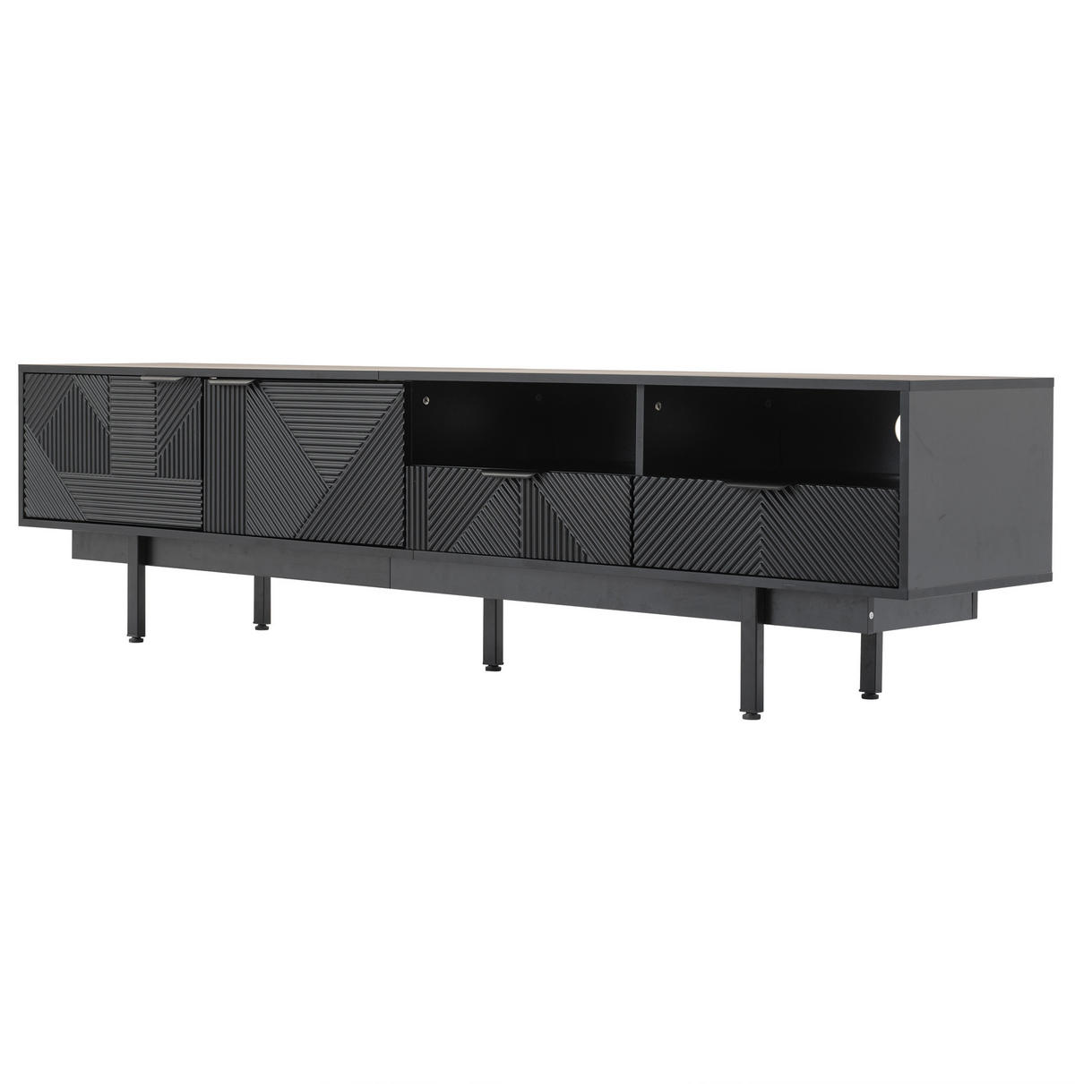TV-LOWBOARD 200/40/51 cm mit Stauraum, Kabeldurchlass und 2 Türen aus Spanplatte, geometrisches Design, Schwarz - Schwarz, Holzwerkstoff (200/51/40cm) - Redom