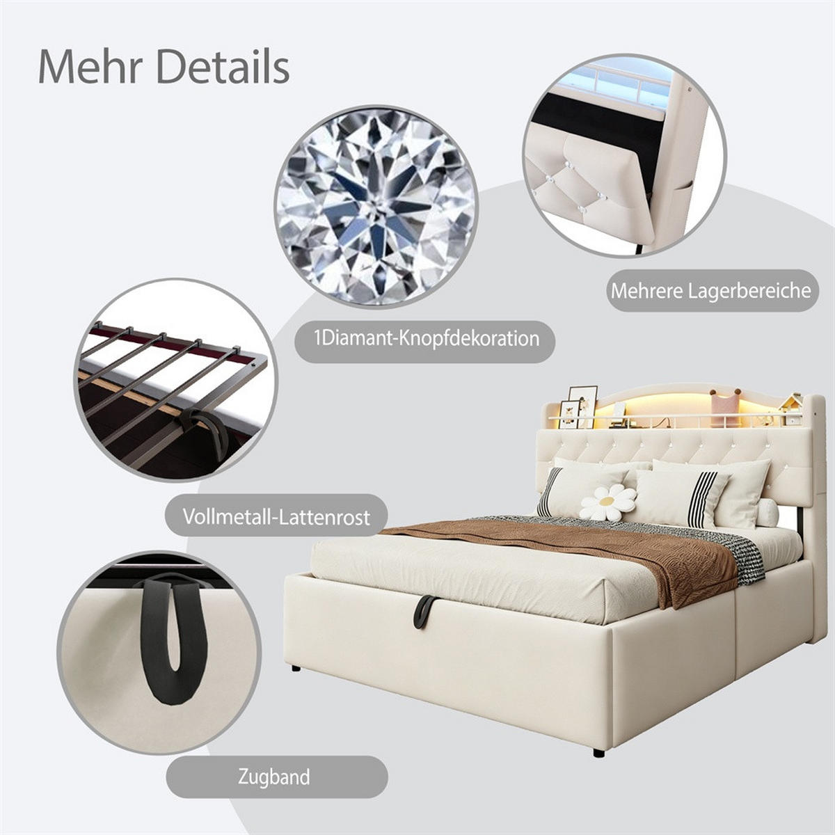 POLSTERBETT 140x200 cm mit hydraulischem Stauraum - LED Beleuchtung & Ladestation - Beige - Ohne Matratze - Beige, Textil (140/200cm) - DELFA