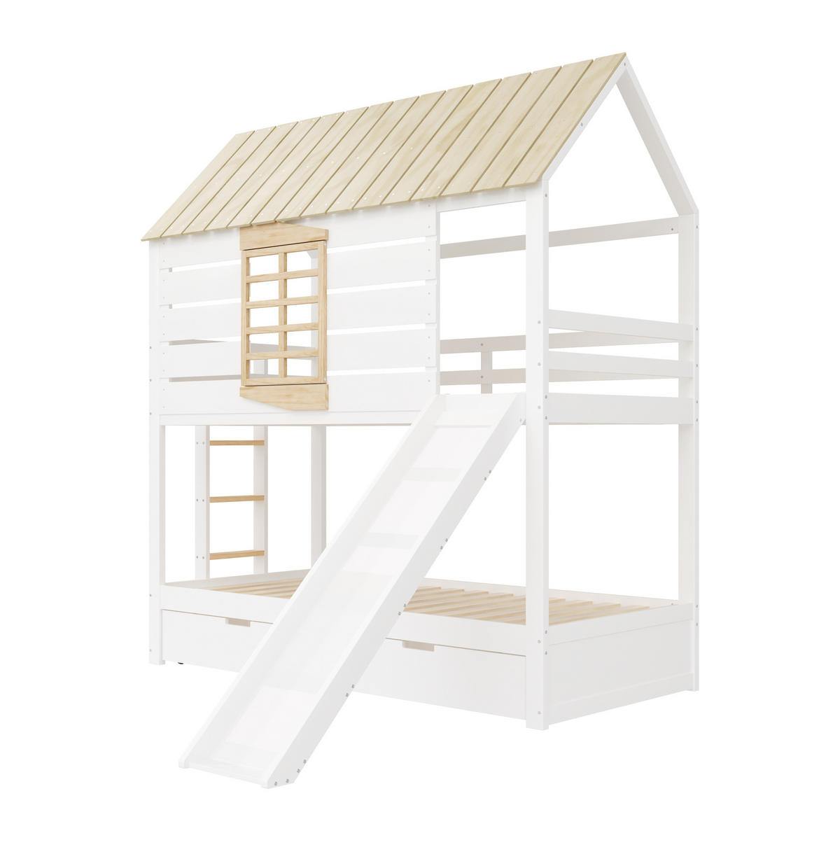 ETAGENBETT aus Kiefer und MDF 90x200 cm Weiß/Natur mit Rutsche, 2 Schubladen und Hausdach - Weiß, Holzwerkstoff (90/200cm) - Modfu